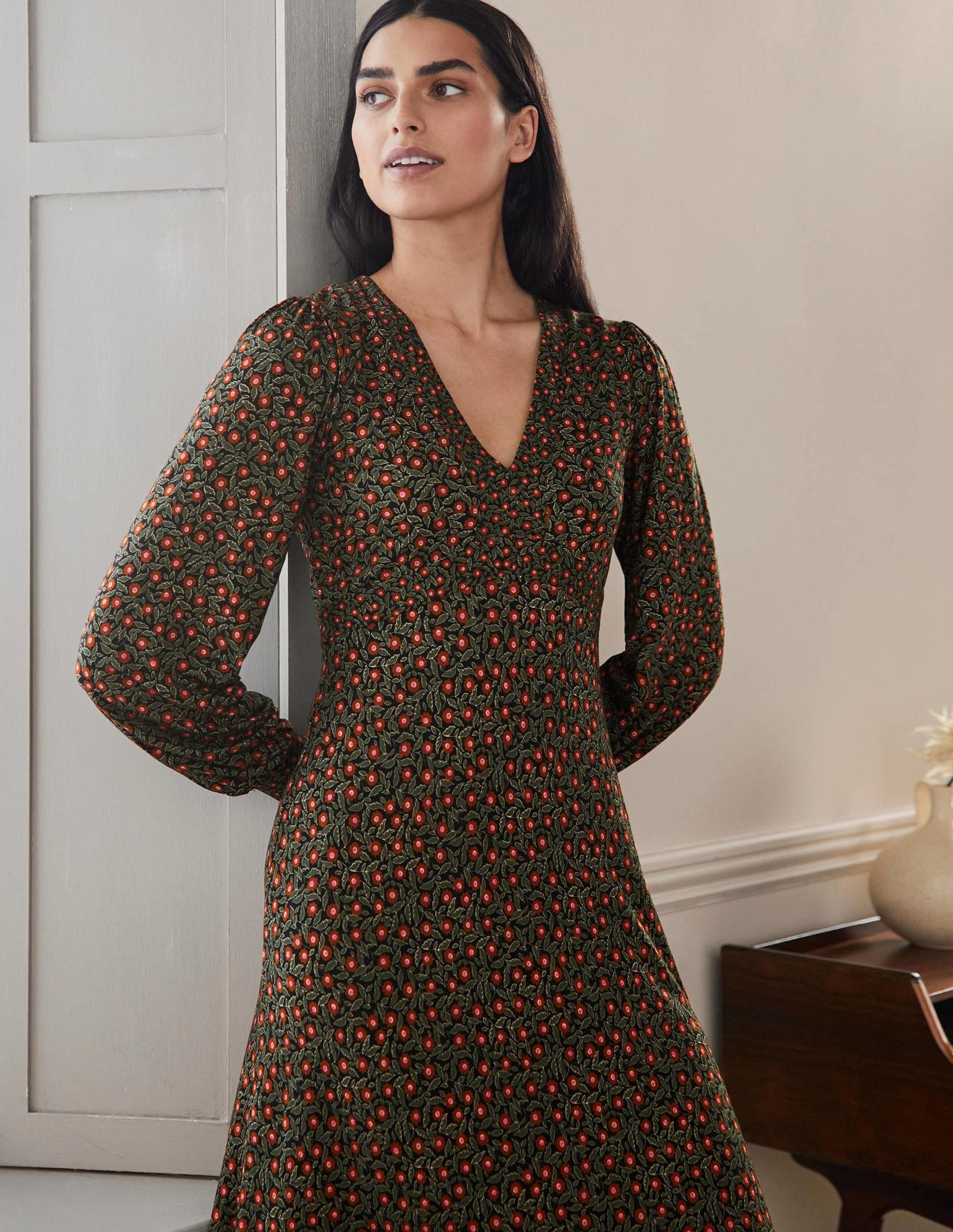 Empire Jersey Tea Dress-Marsh, Rambling Ditsy-4