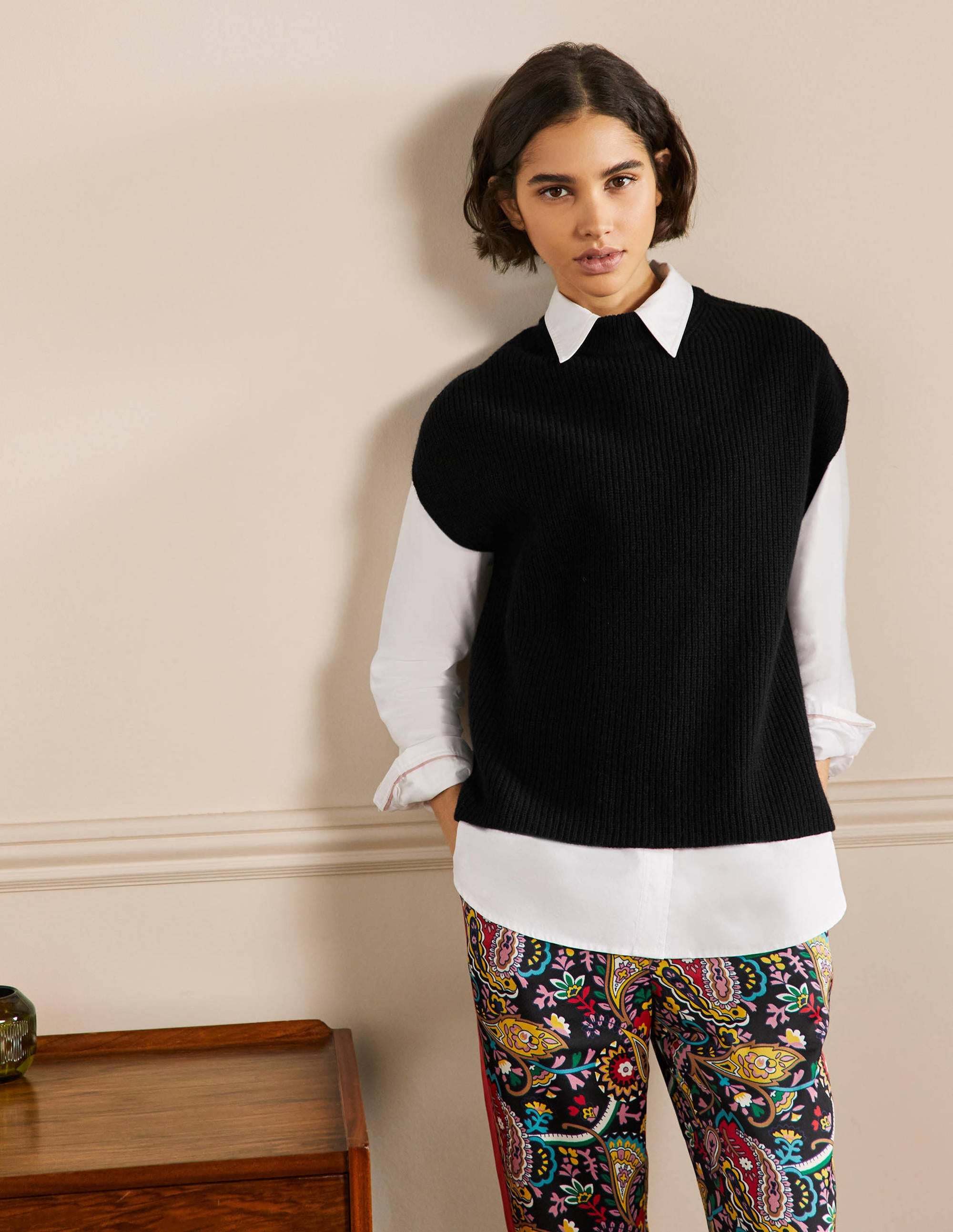 Lockerer ärmelloser Pullover mit Rippstrick-Schwarz - Image 1
