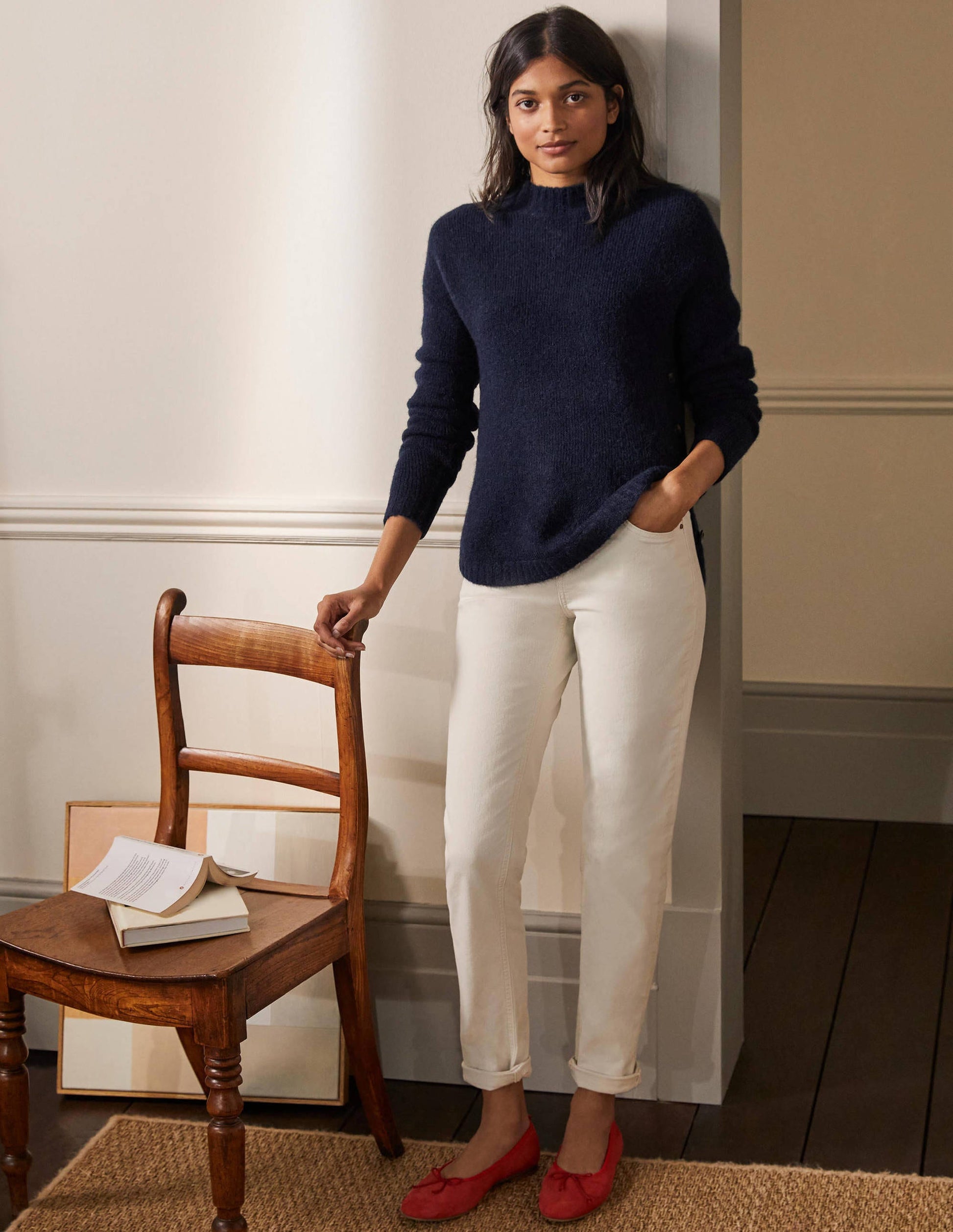 Flauschiger Pullover mit seitlichem Knopf-Marineblau-4