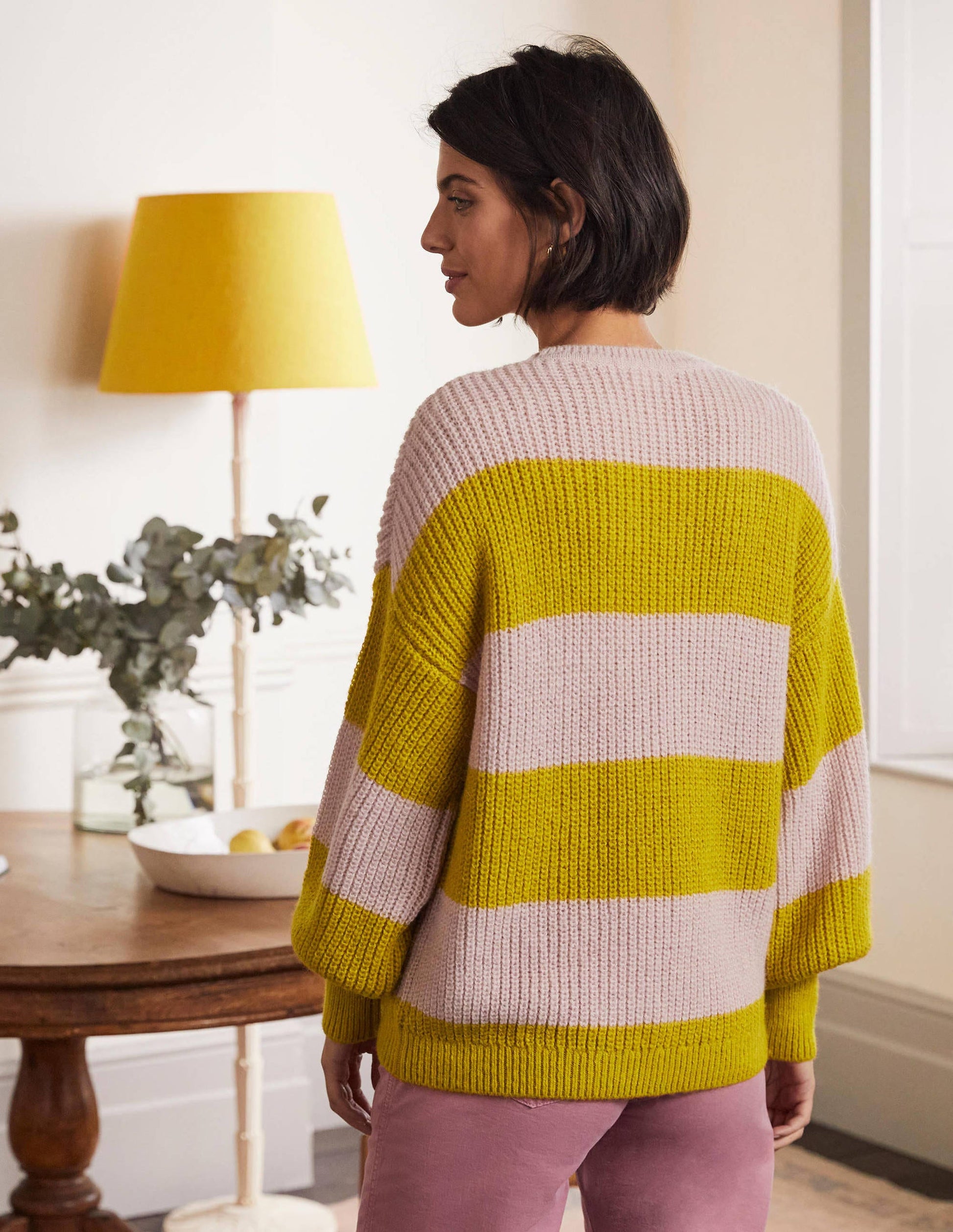 Pull duveteux à manches blousantes-Rose, rayé multi jaune-3