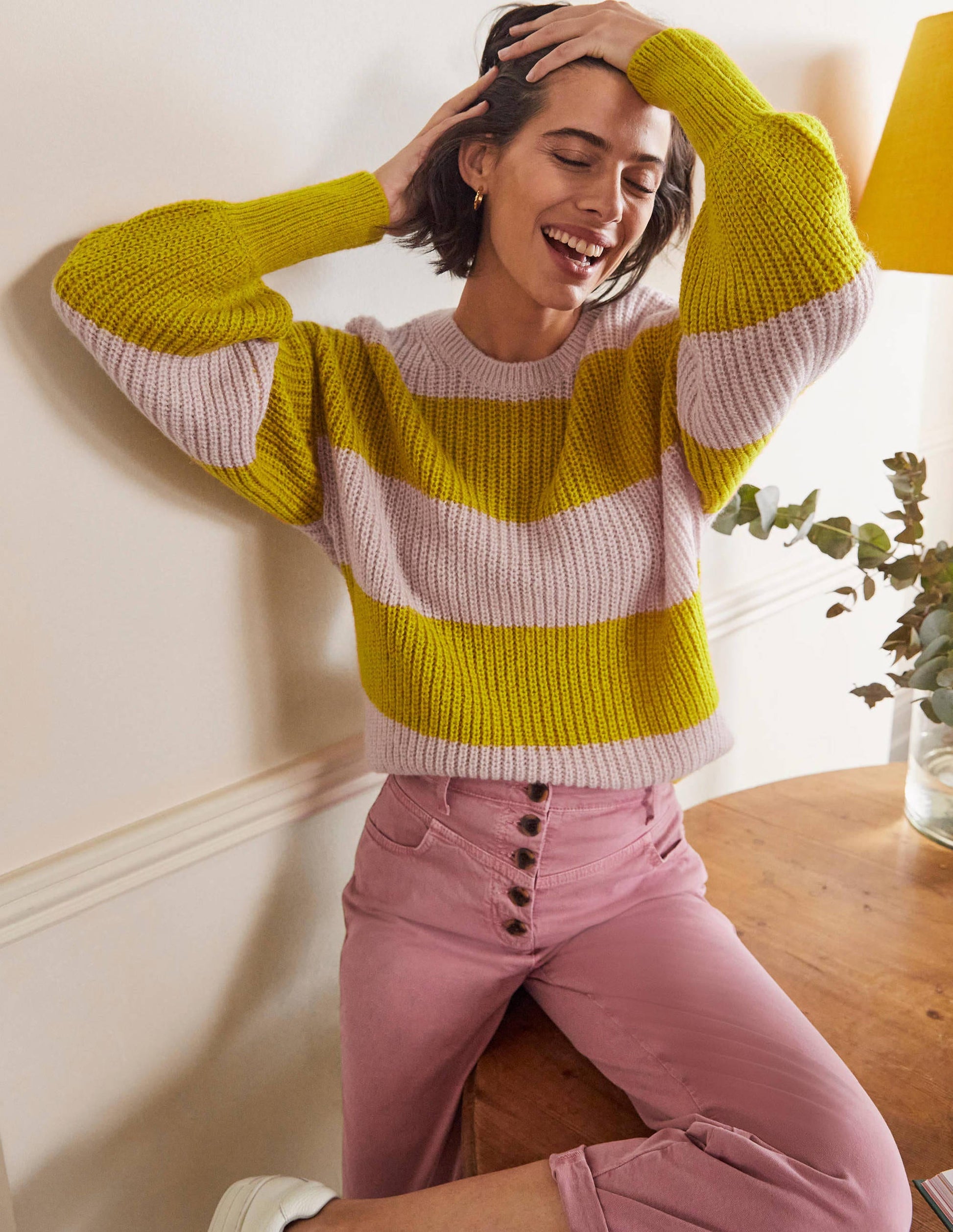 Pull duveteux à manches blousantes-Rose, rayé multi jaune-4