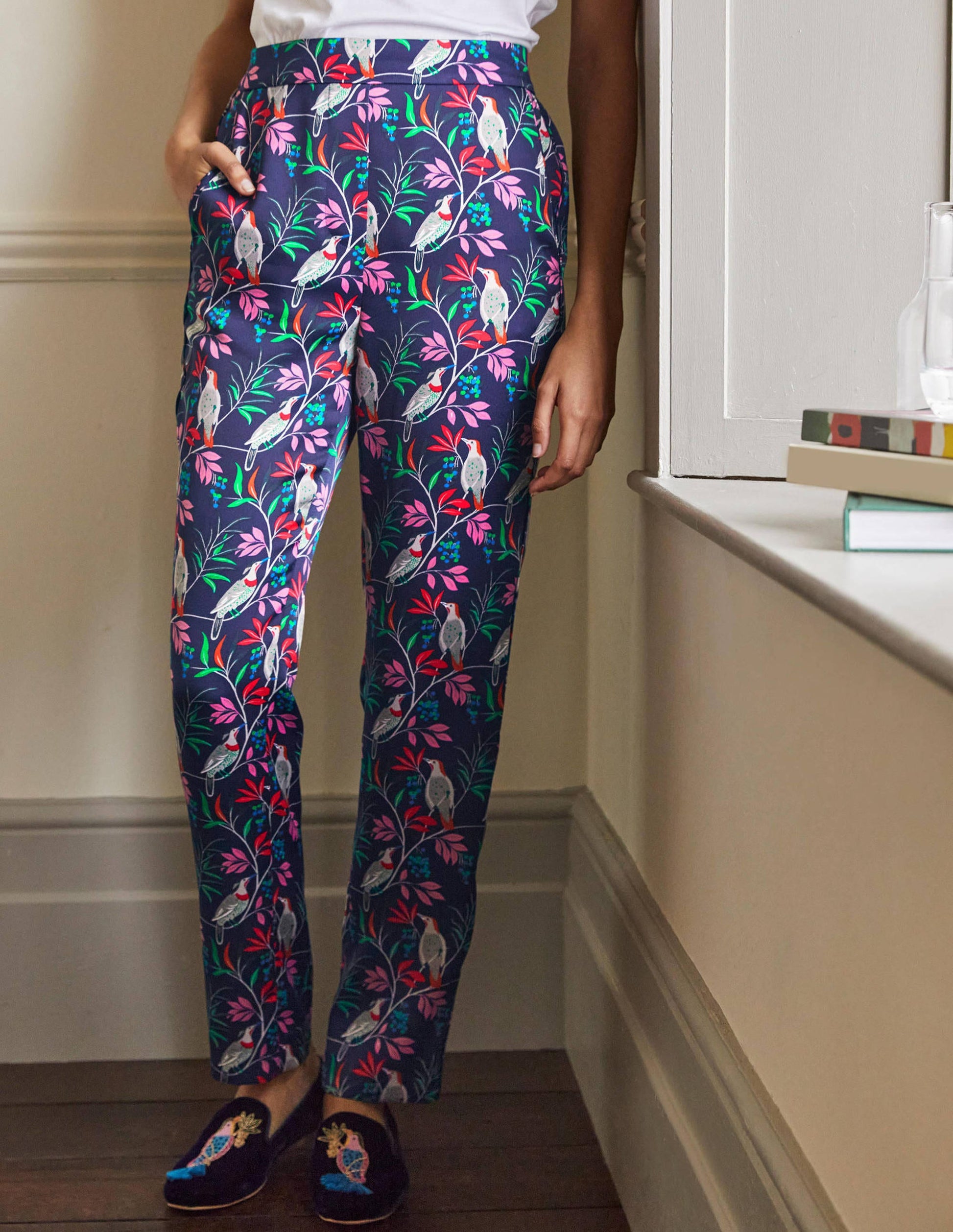 Ludlow Satin Trousers-French Navy, Berry Bird-4