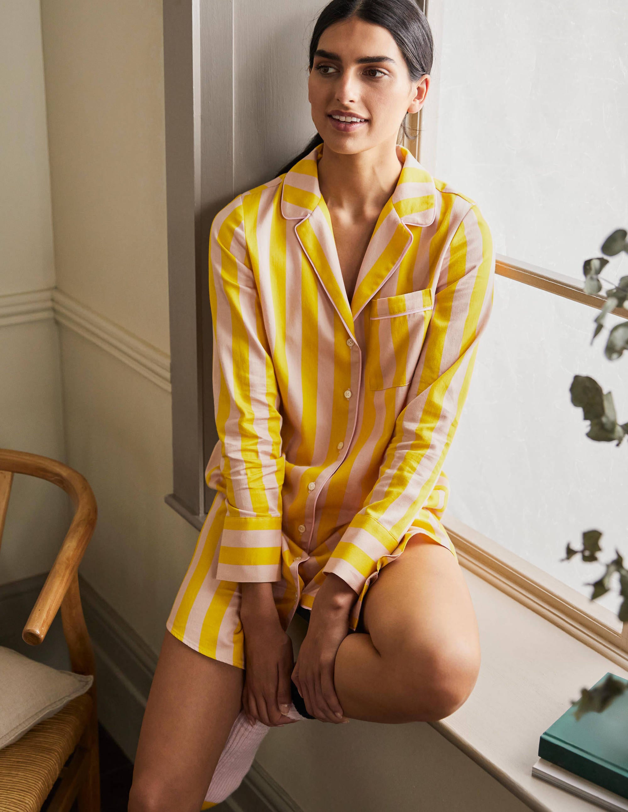 Janie Longline Pyjama Shirt-Milkshake and Wasp Stripe - Image 3