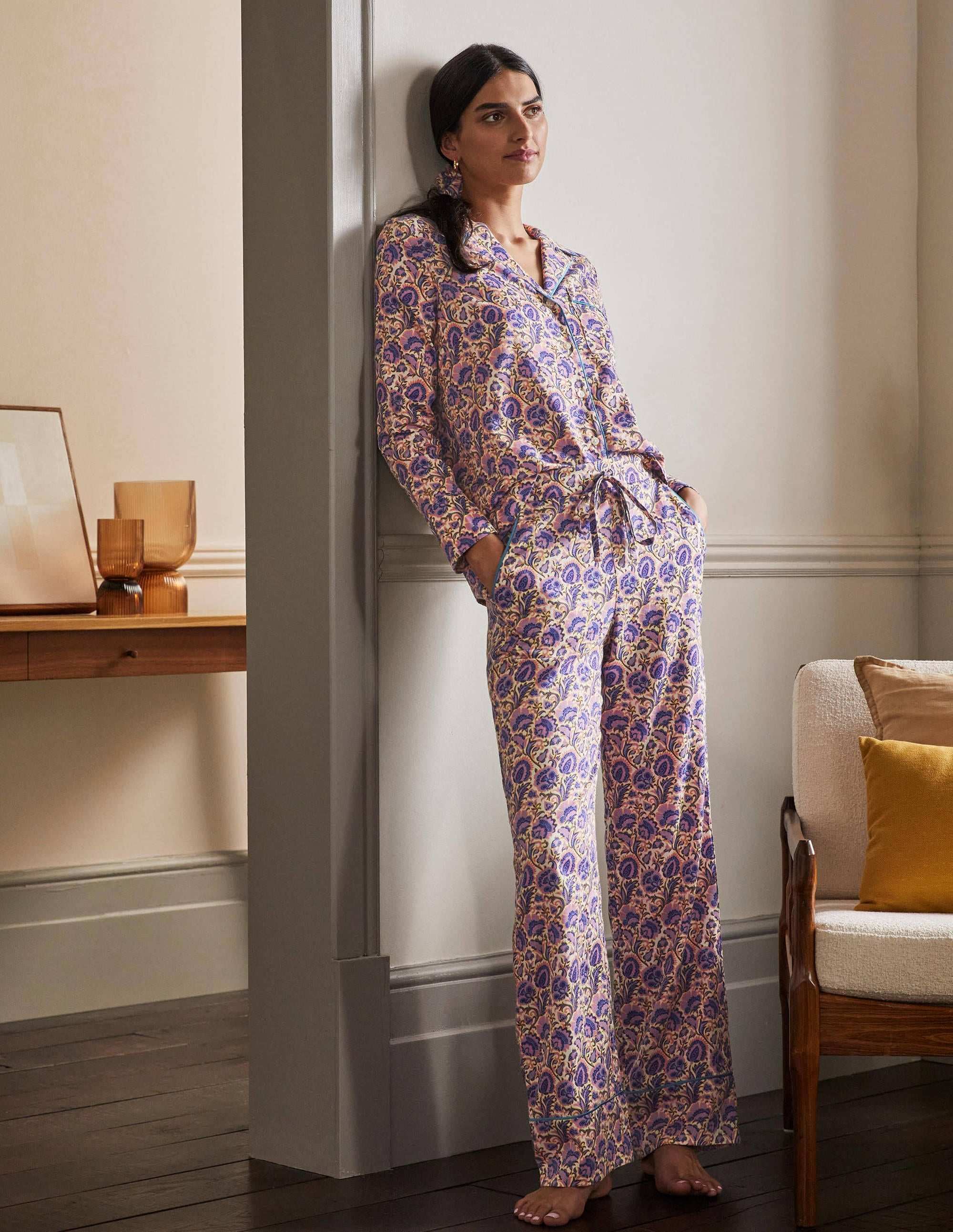 Bas de pyjama en coton-Ivoire, motif floral riche - Image 4