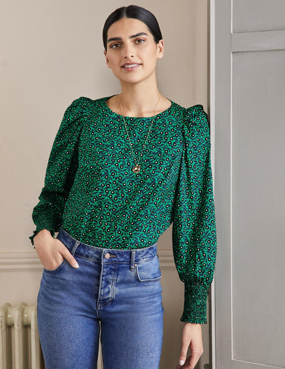 Smocked Cuff Cotton Top-Highland Green, Rambling Ditsy
