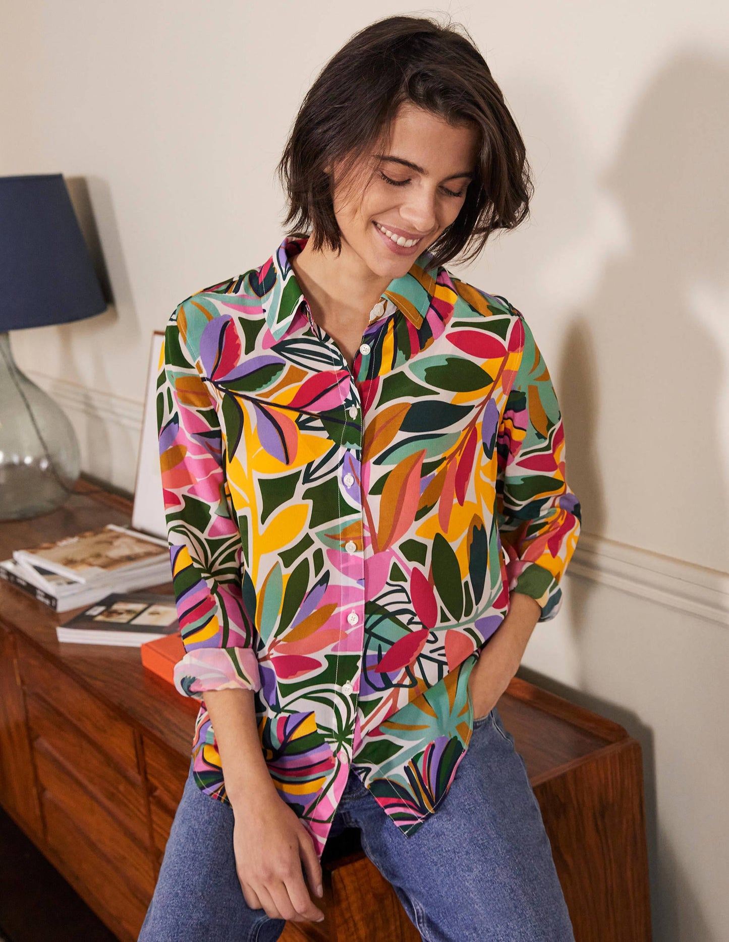 Seidenhemd-Naturweiß, Tropische Palmen