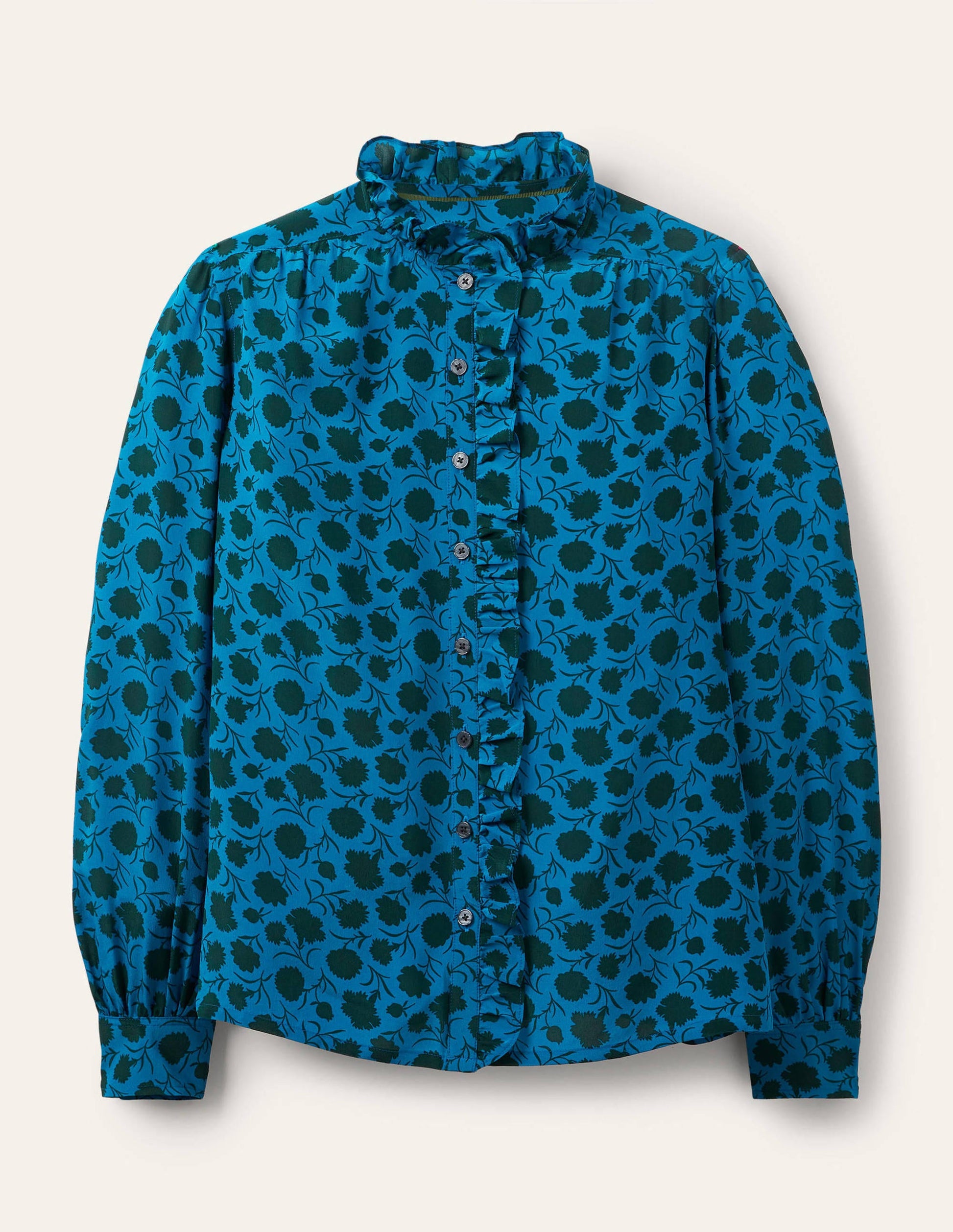 Seidenbluse mit hohem Kragen und Rüschen-Winterliches Azurblau, Knospen mit Blättern-6