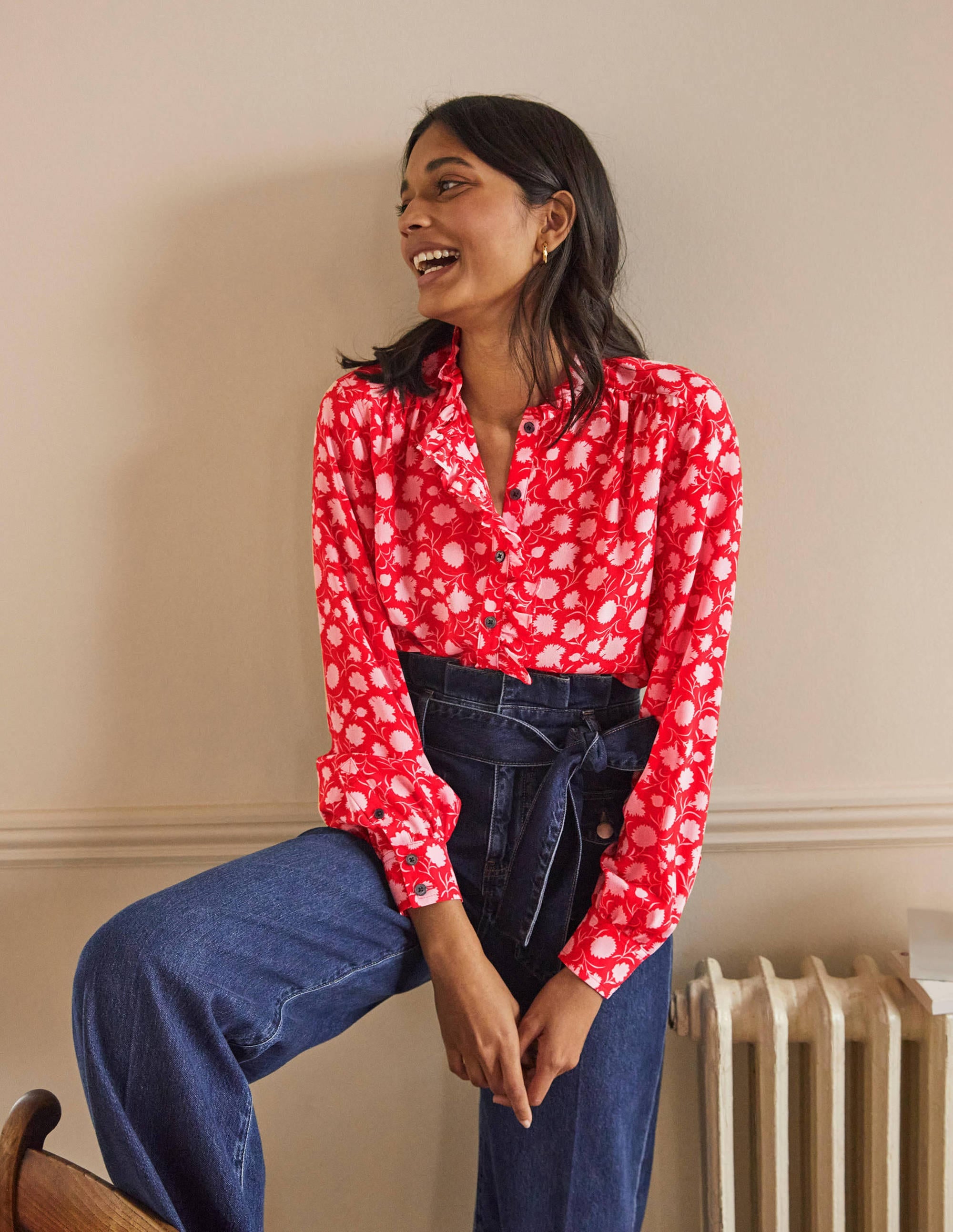 Blouse volantée en soie à col montant-Poppadew, motif Leafy Bud - Image 6