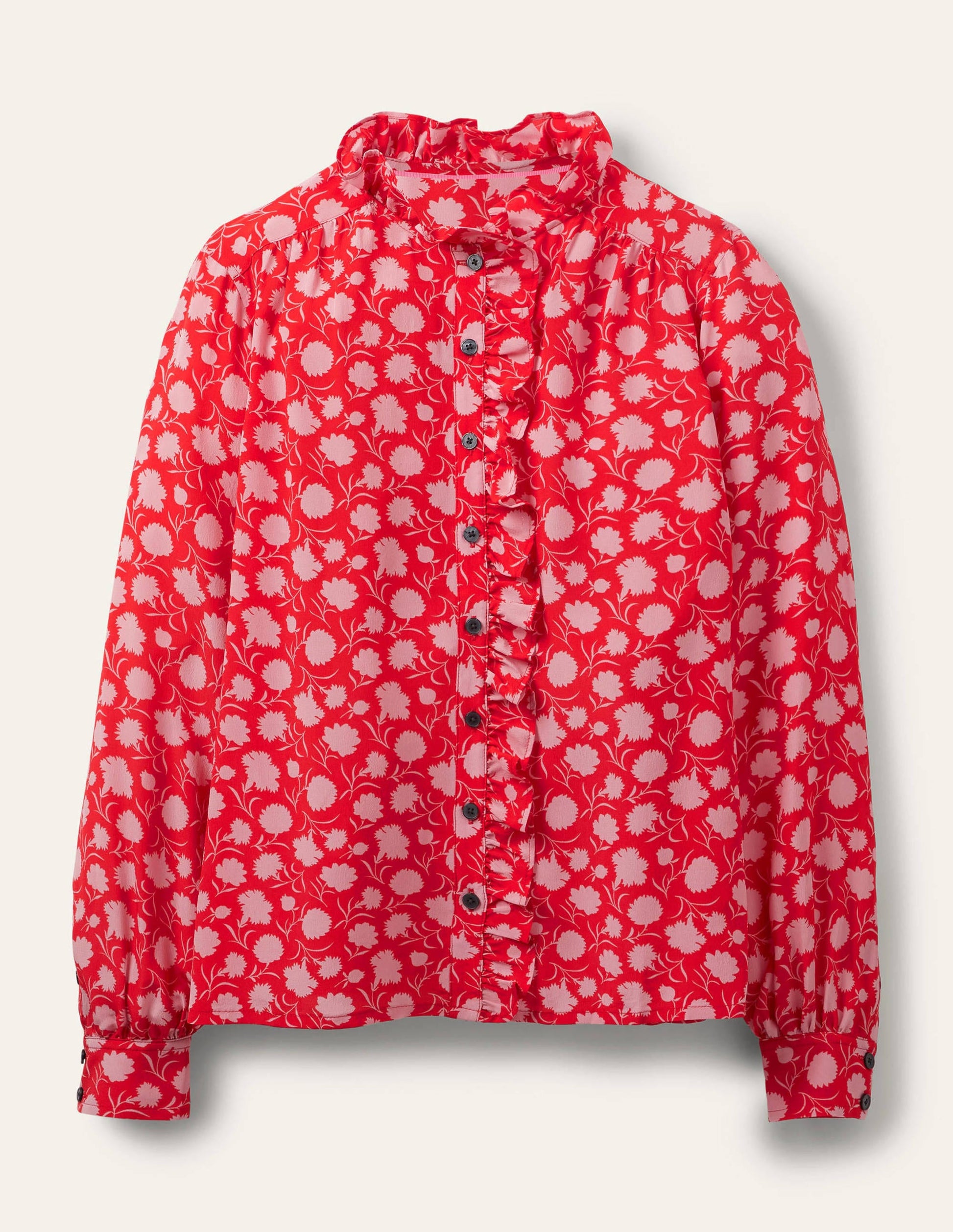 Seidenbluse mit hohem Kragen und Rüschen-Paprikarot, Knospen mit Blüten-7