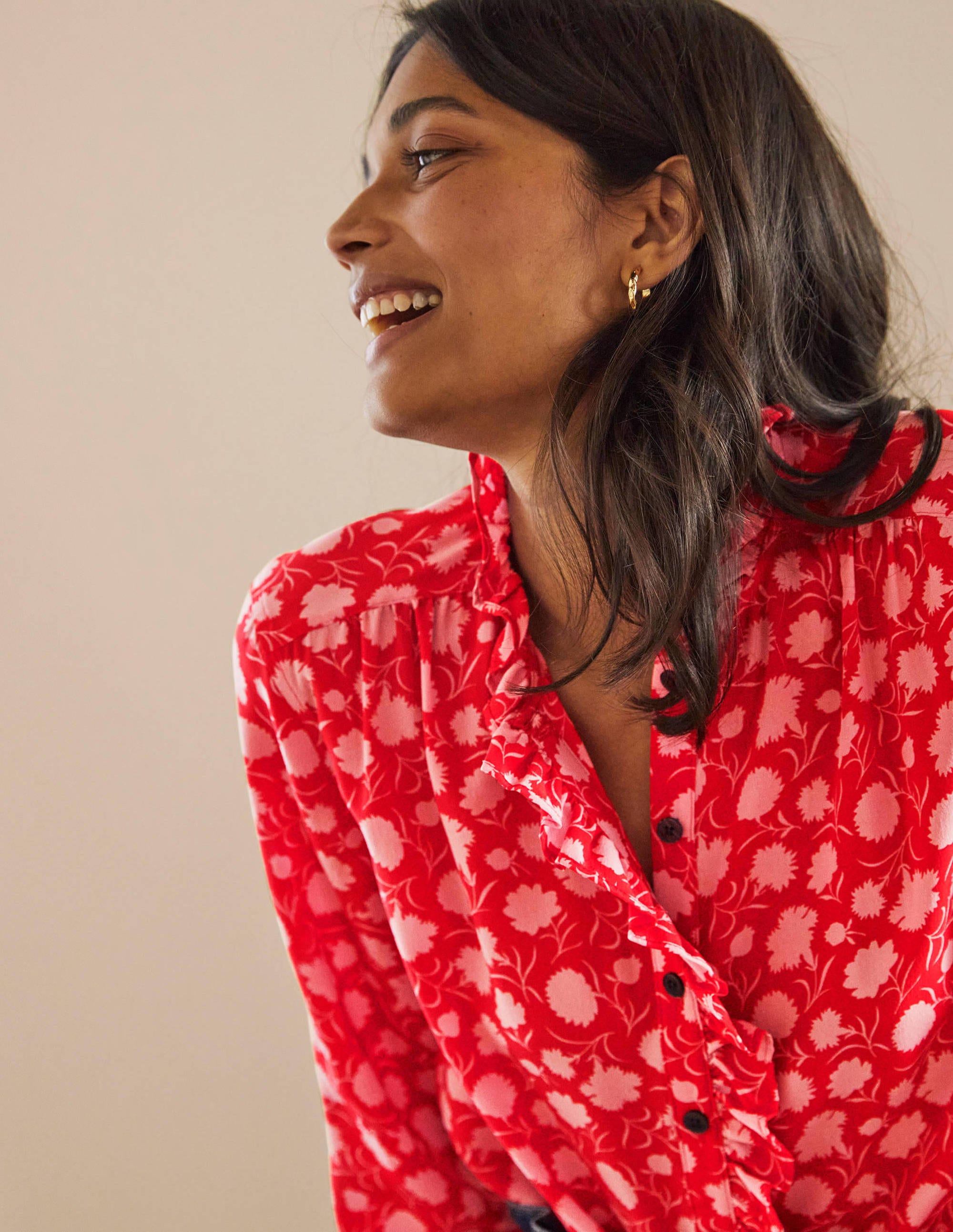Blouse volantée en soie à col montant-Poppadew, motif Leafy Bud - Image 1