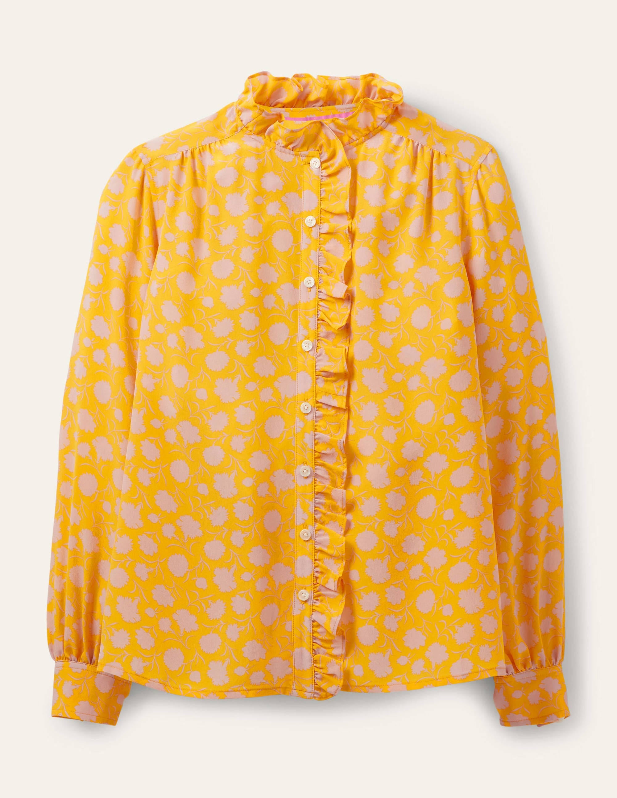 Seidenbluse mit hohem Kragen und Rüschen-Honiggold, Knospen mit Blüten - Image 6