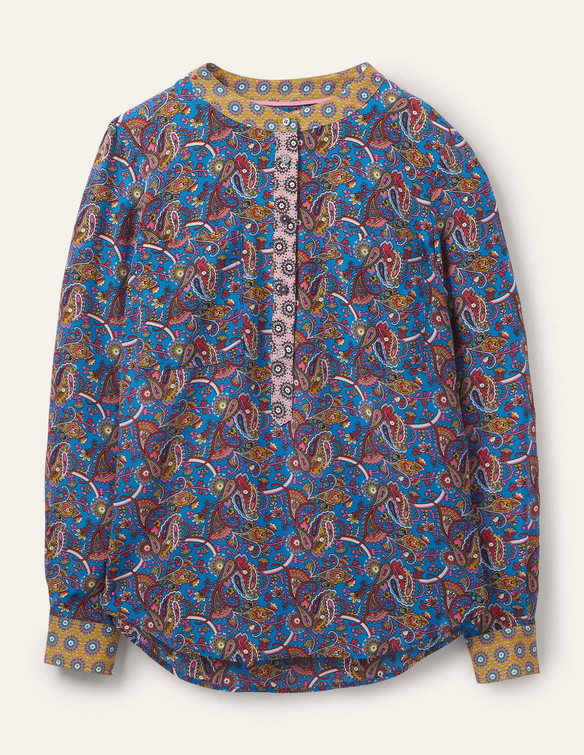 Kragenlose Seidenbluse-Winterliches Azurblau-6