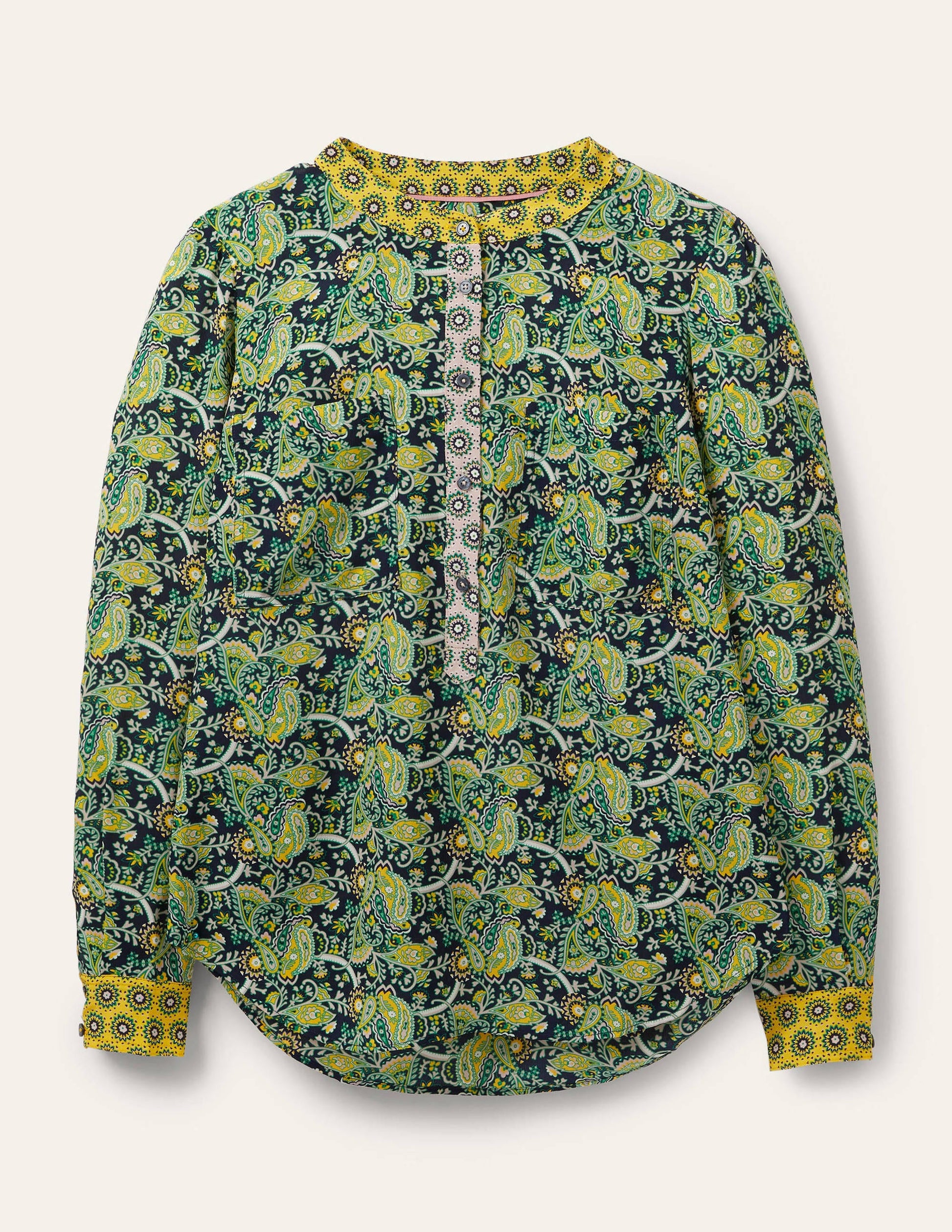 Blouse sans col en soie-Doré miel/bleu marine foncé-5