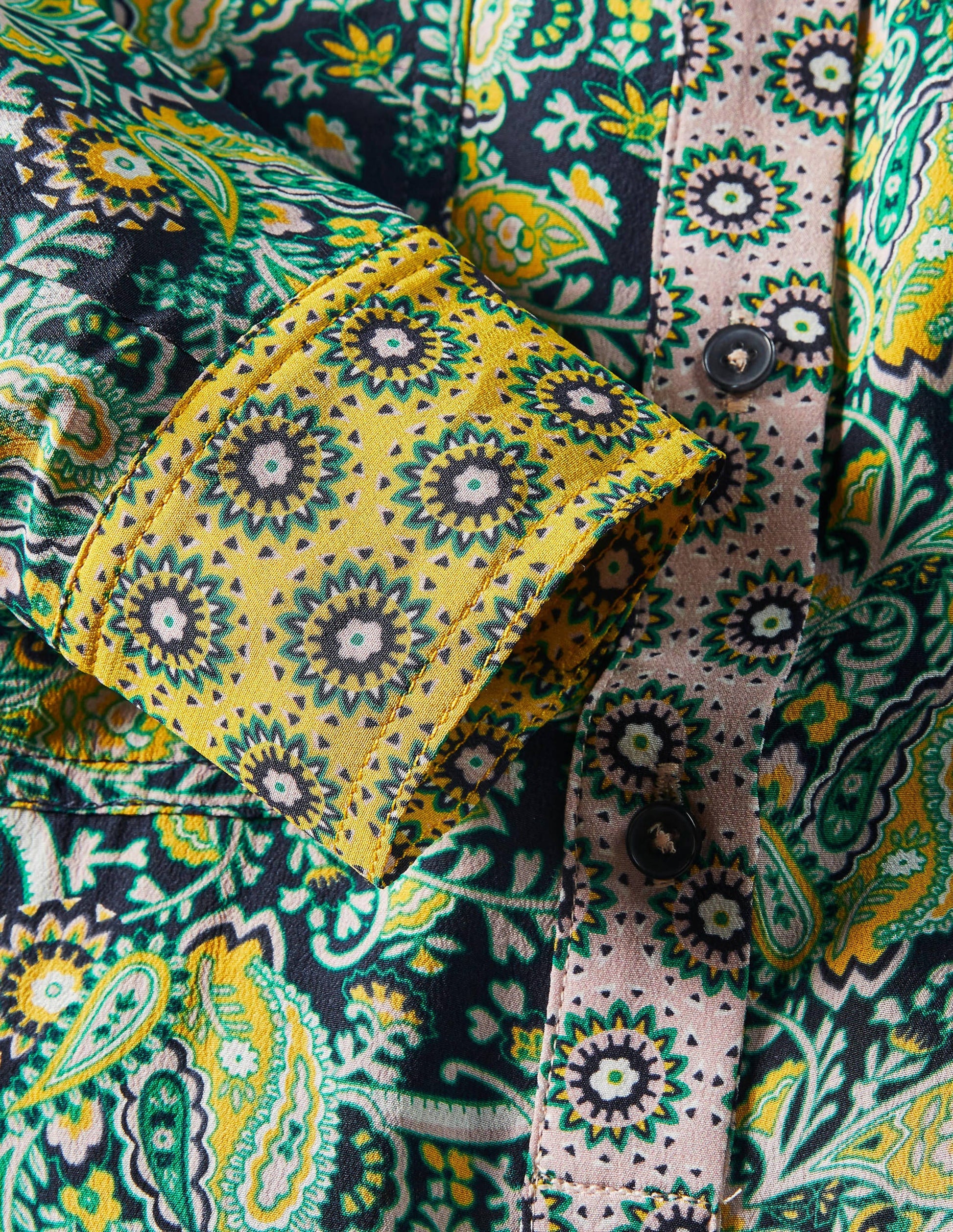 Blouse sans col en soie-Doré miel/bleu marine foncé-6