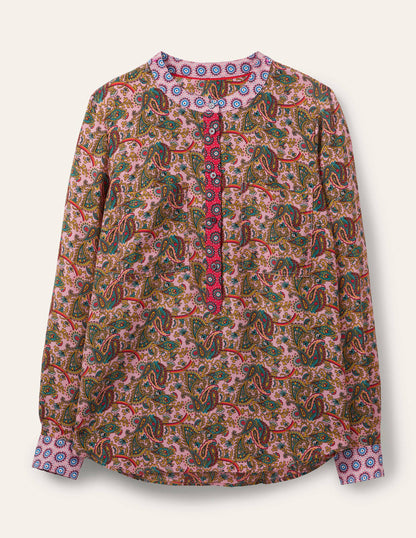 Blouse sans col en soie-Rose formica-6