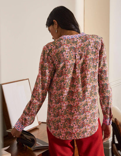 Blouse sans col en soie-Rose formica-2
