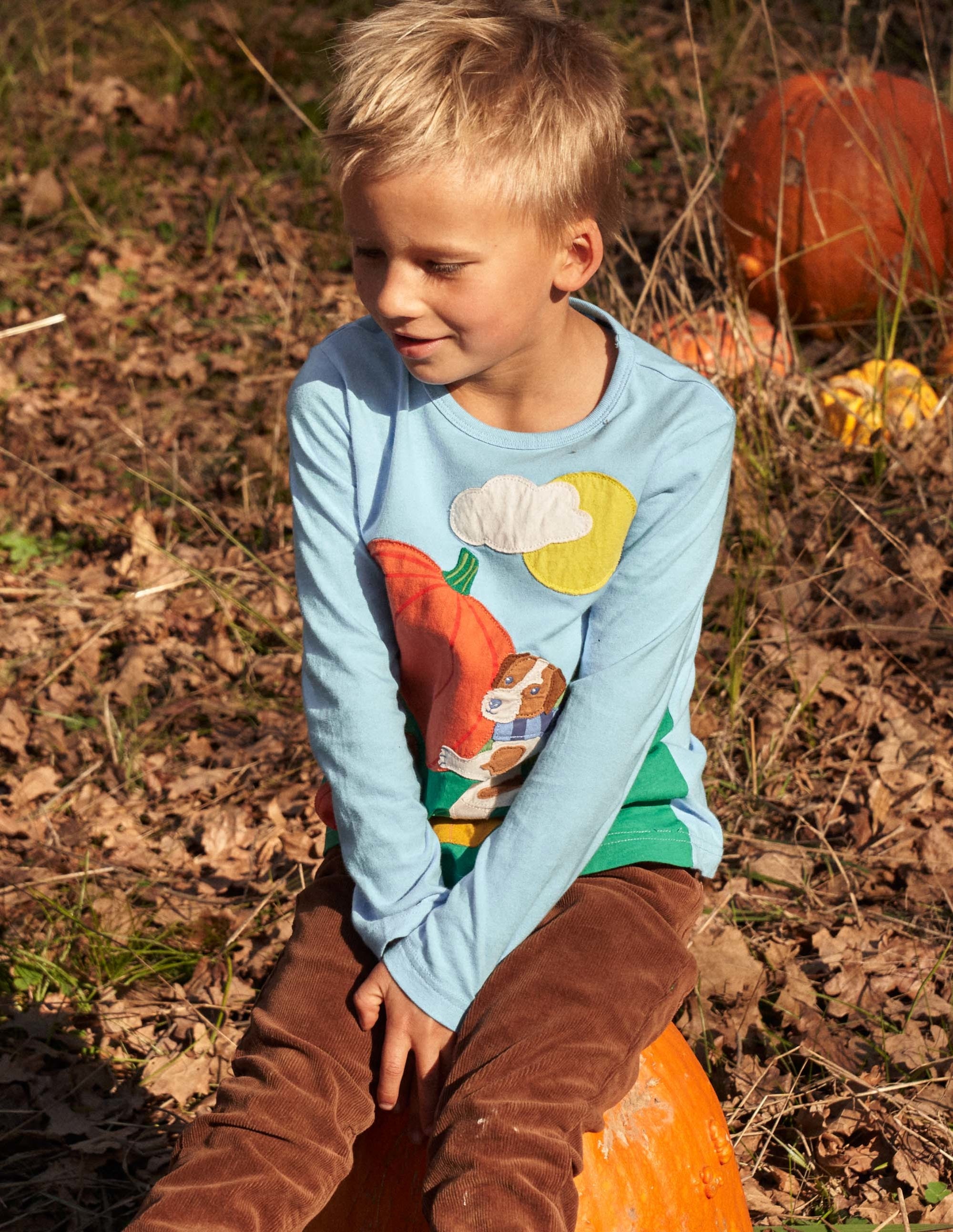 Blue Pumpkin Appliqué Long-Sleeved Halloween T-shirt-Citrouille bleu surf - Image 6