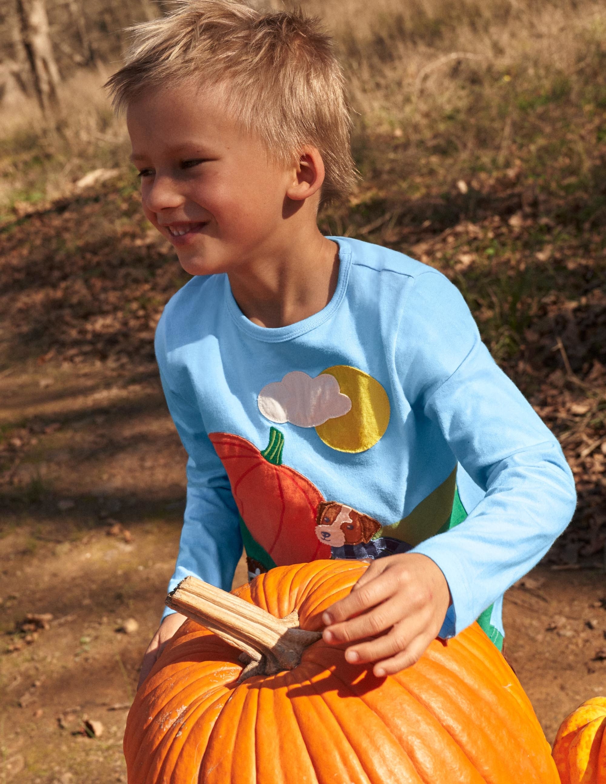 Blue Pumpkin Appliqué Long-Sleeved Halloween T-shirt-Citrouille bleu surf - Image 7