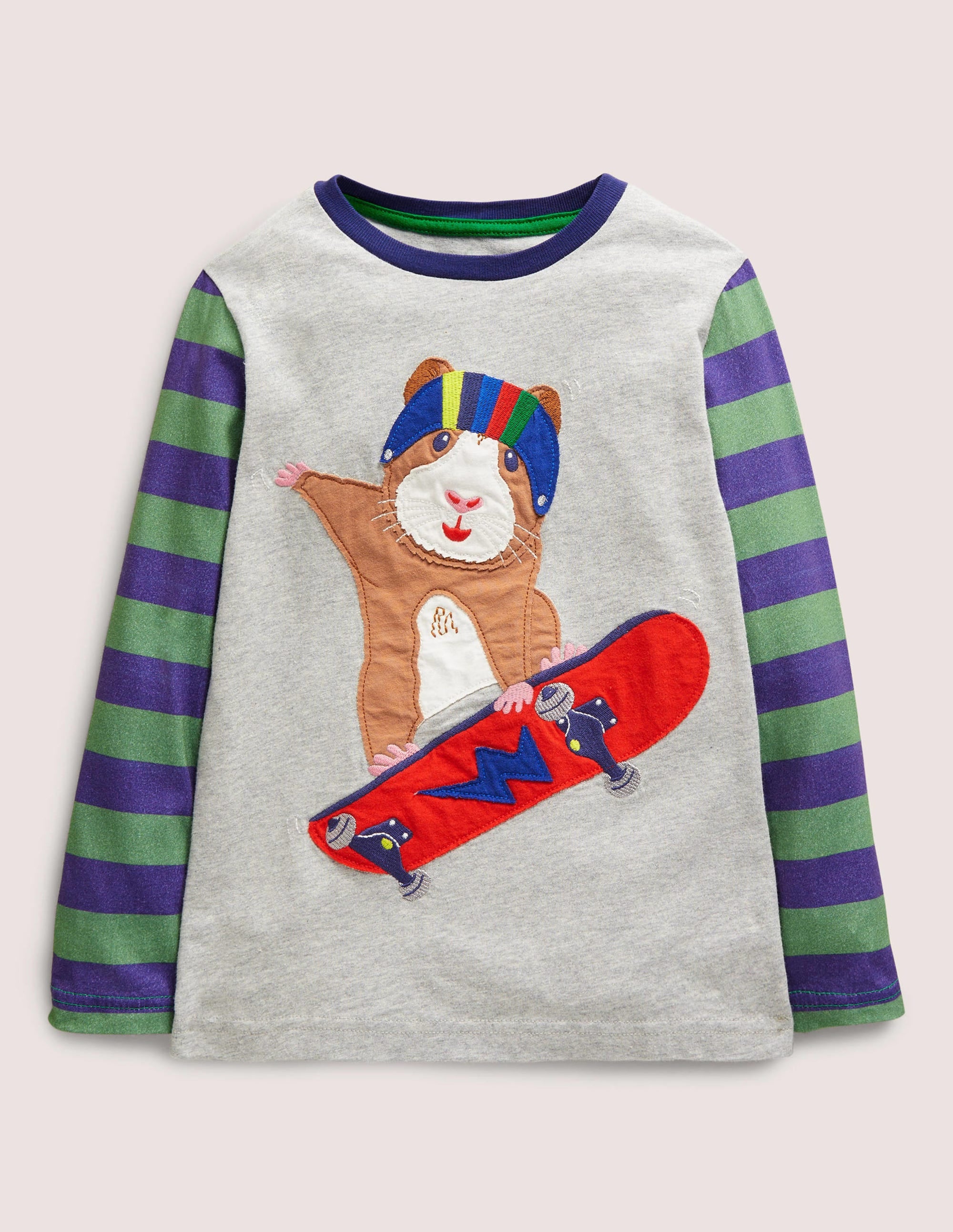 Oberteil mit Applikationen und Mustermix-Grau Meliert, Meerschweinchen auf Skateboard - Image 1