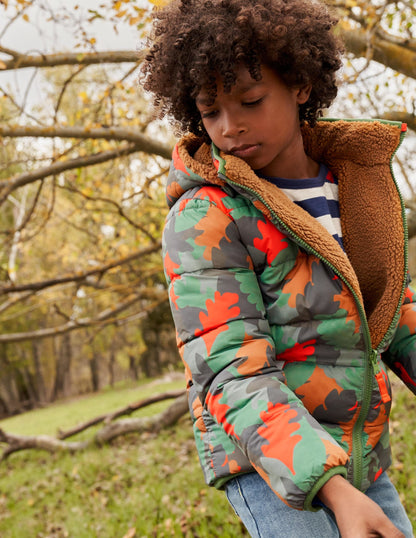Autumn Leaf Reversible Teddy Puffer Jacket-Rosmaringrün, Herbstlaub-Camouflage-3