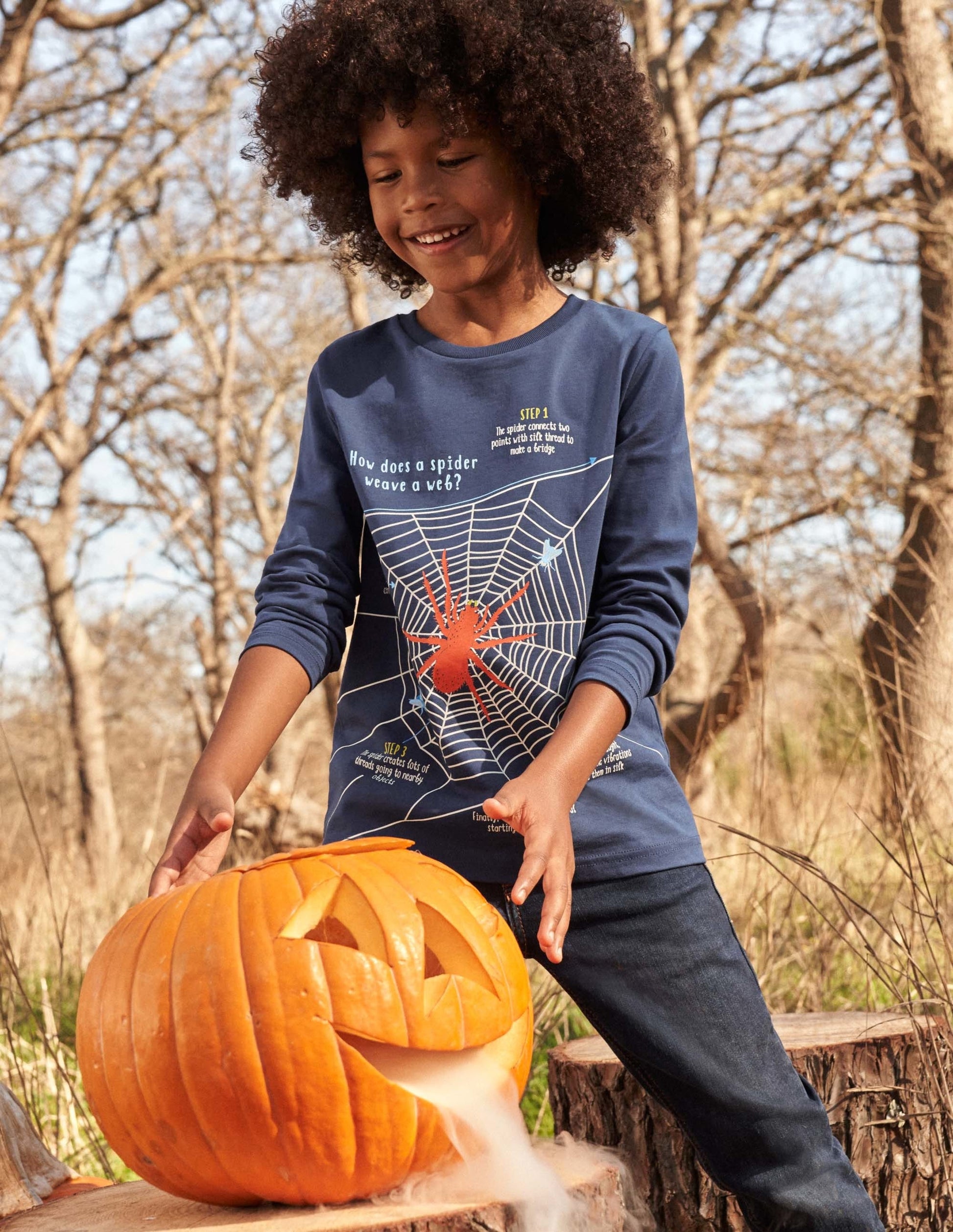 Navy Spider Print Long-Sleeved Halloween T-shirt-College Navy Spider Web-5