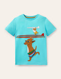 T-shirt de plage à appliqué-Chien surfeur bleu turquoise