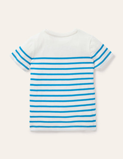 Breton-T-Shirt mit Tierapplikation-Malibu-Blau/Naturweiß, Leopard