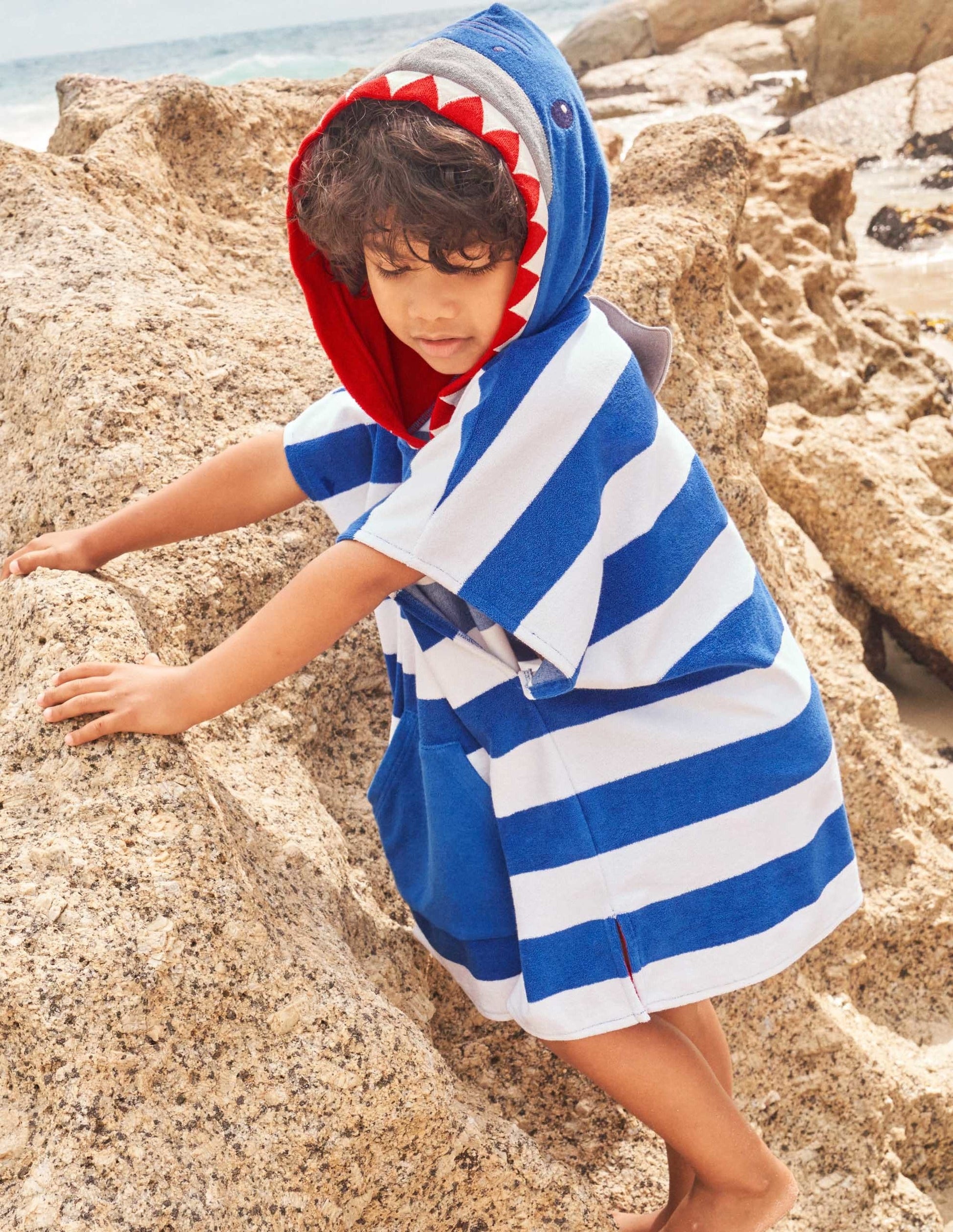 Origineller Frottee-Poncho-Naturweiß/Strahlendes Marineblau, Hai-6