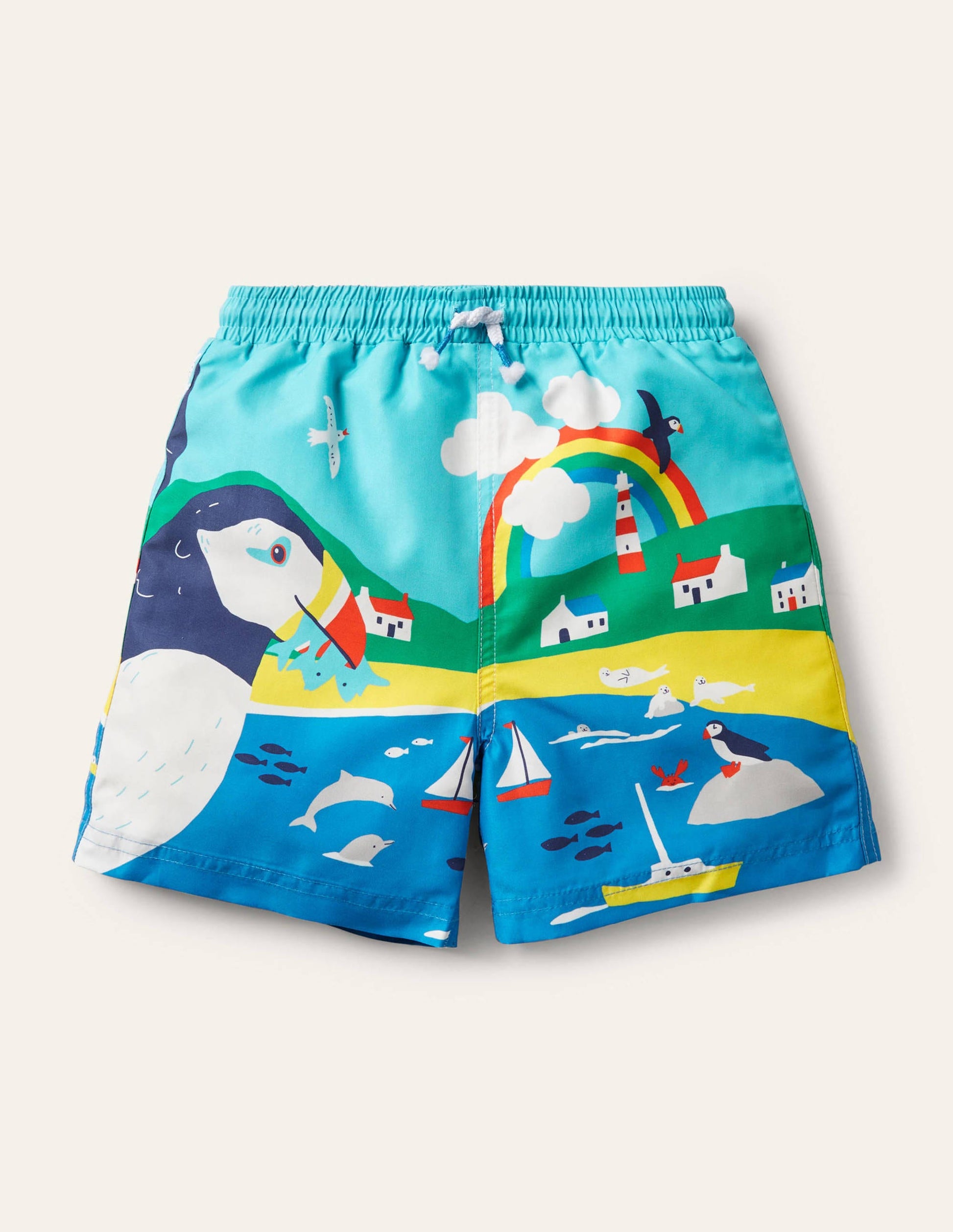 Gemusterte Badeshorts-Wasserblau, Papageitaucher-1