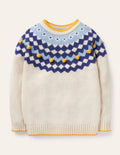 Fair-Isle-Grobstrickpullover mit Rundhalsausschnitt-Ecru Meliert, Fair-Isle-Muster