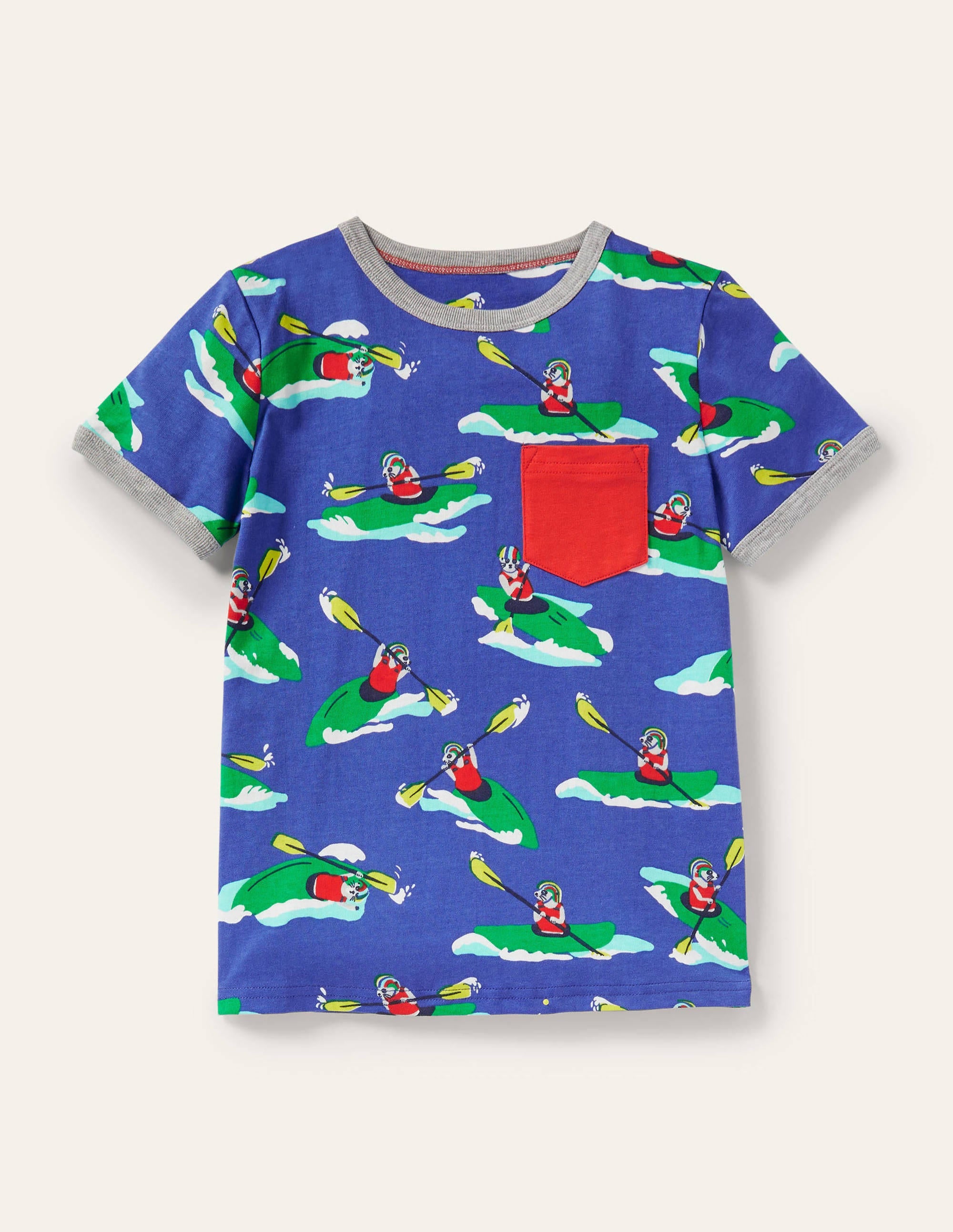 Gemustertes T-Shirt mit Hals- und Ärmelbündchen-Wellenblau, Erdmännchen in Kajak - Image 1