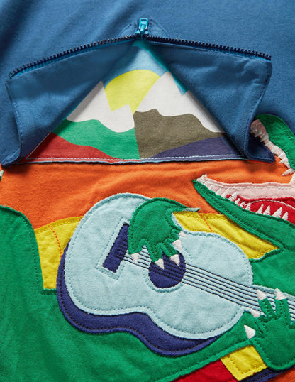 T-Shirt mit Abenteuermotiv und Reißverschluss-Wasserblau, Campendes Krokodil