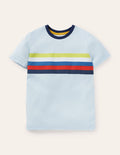 Vorgewaschenes T-Shirt aus Flammgarn-Eisblau, Regenbogenstreifen auf der Brust
