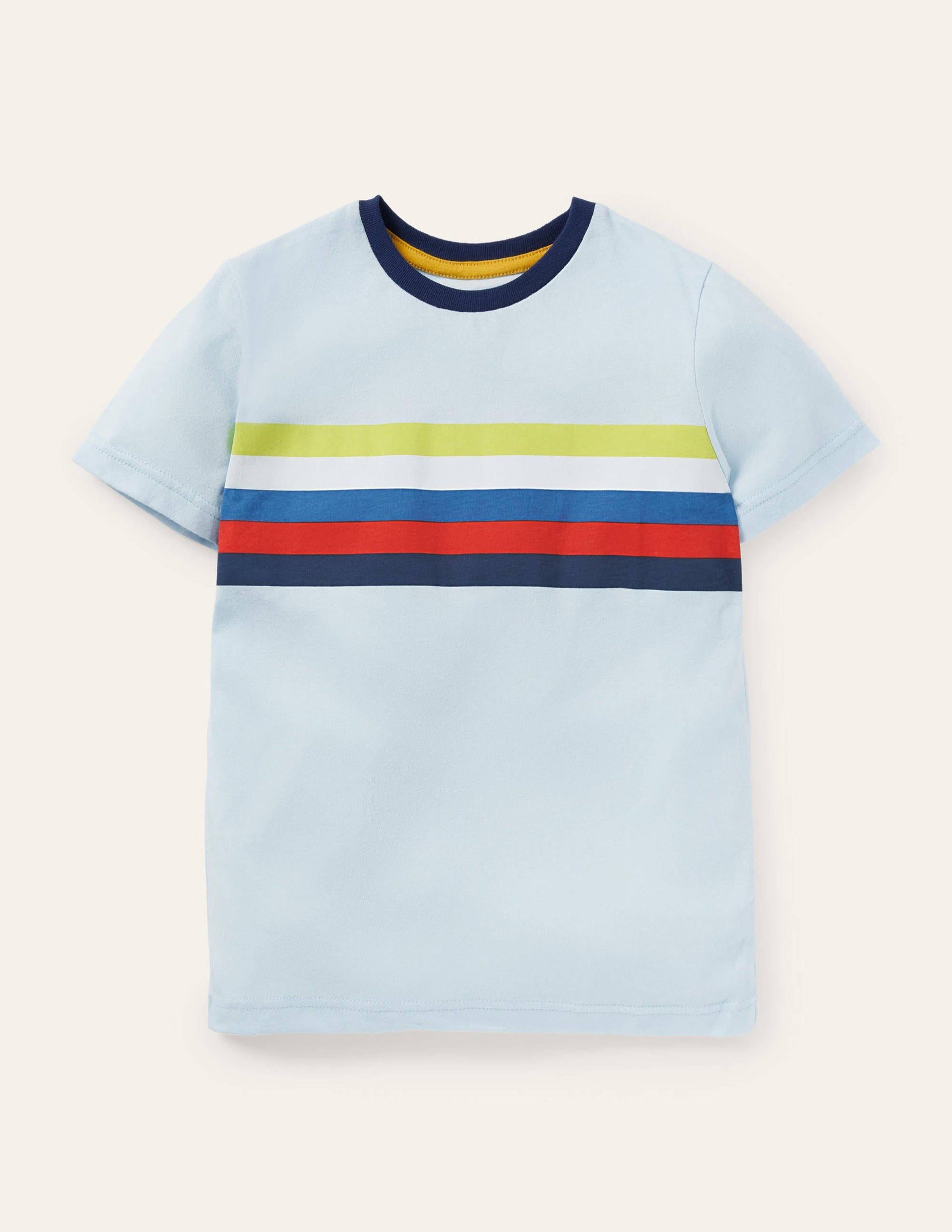 Vorgewaschenes T-Shirt aus Flammgarn-Eisblau, Regenbogenstreifen auf der Brust-1