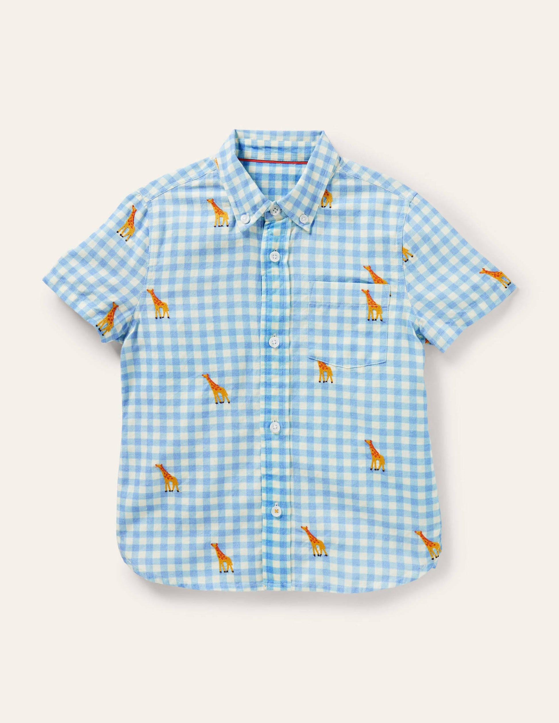 Chemise de vacances en lin et coton-Girafe brodée vichy-1