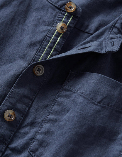 Linen Cotton Grandad Shirt-Indigo-3