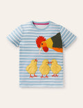 T-Shirt mit Osterapplikation-Helles Glockenblumenblau/Naturweiß, Hühnerfamilie