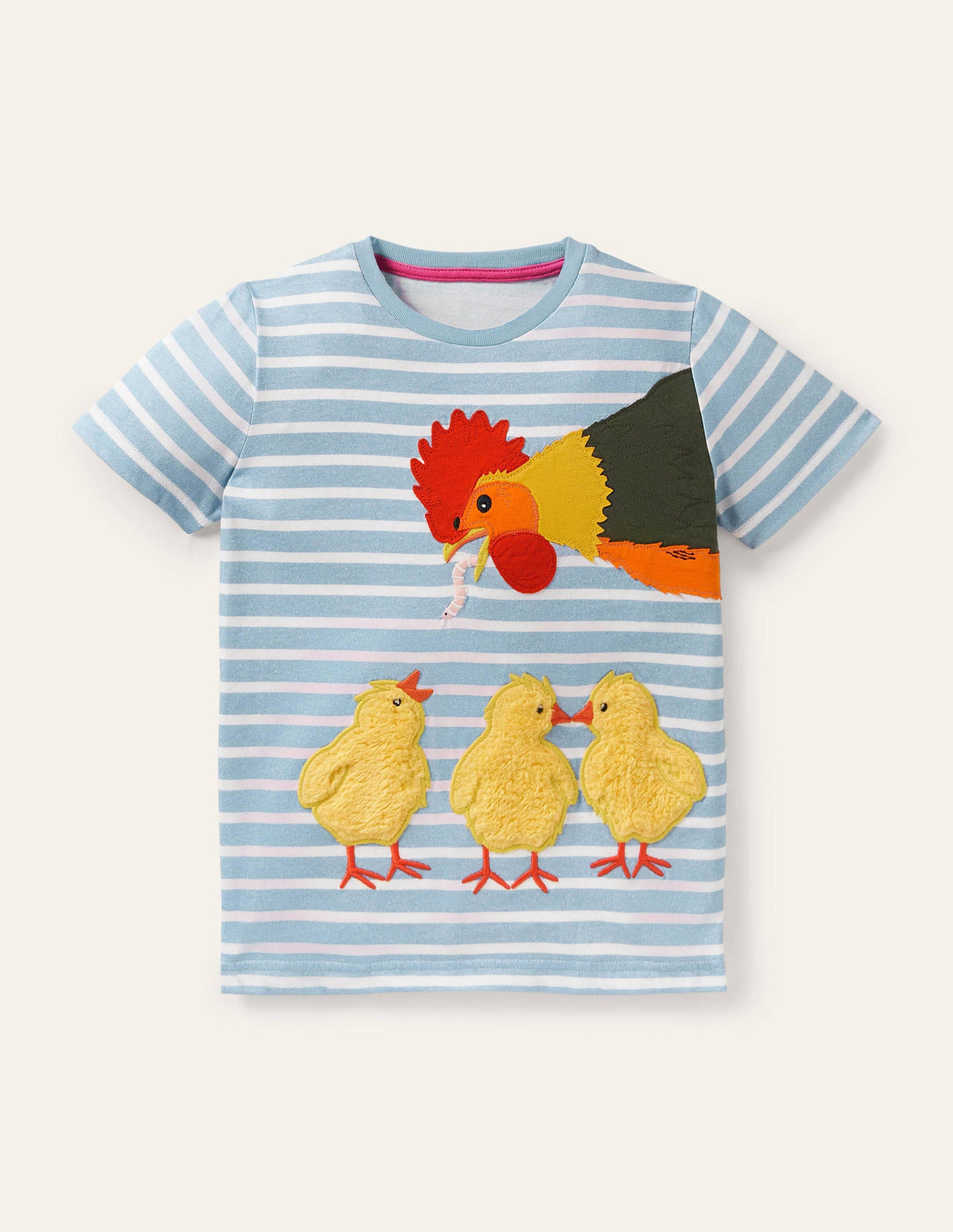 T-Shirt mit Osterapplikation-Helles Glockenblumenblau/Naturweiß, Hühnerfamilie-1