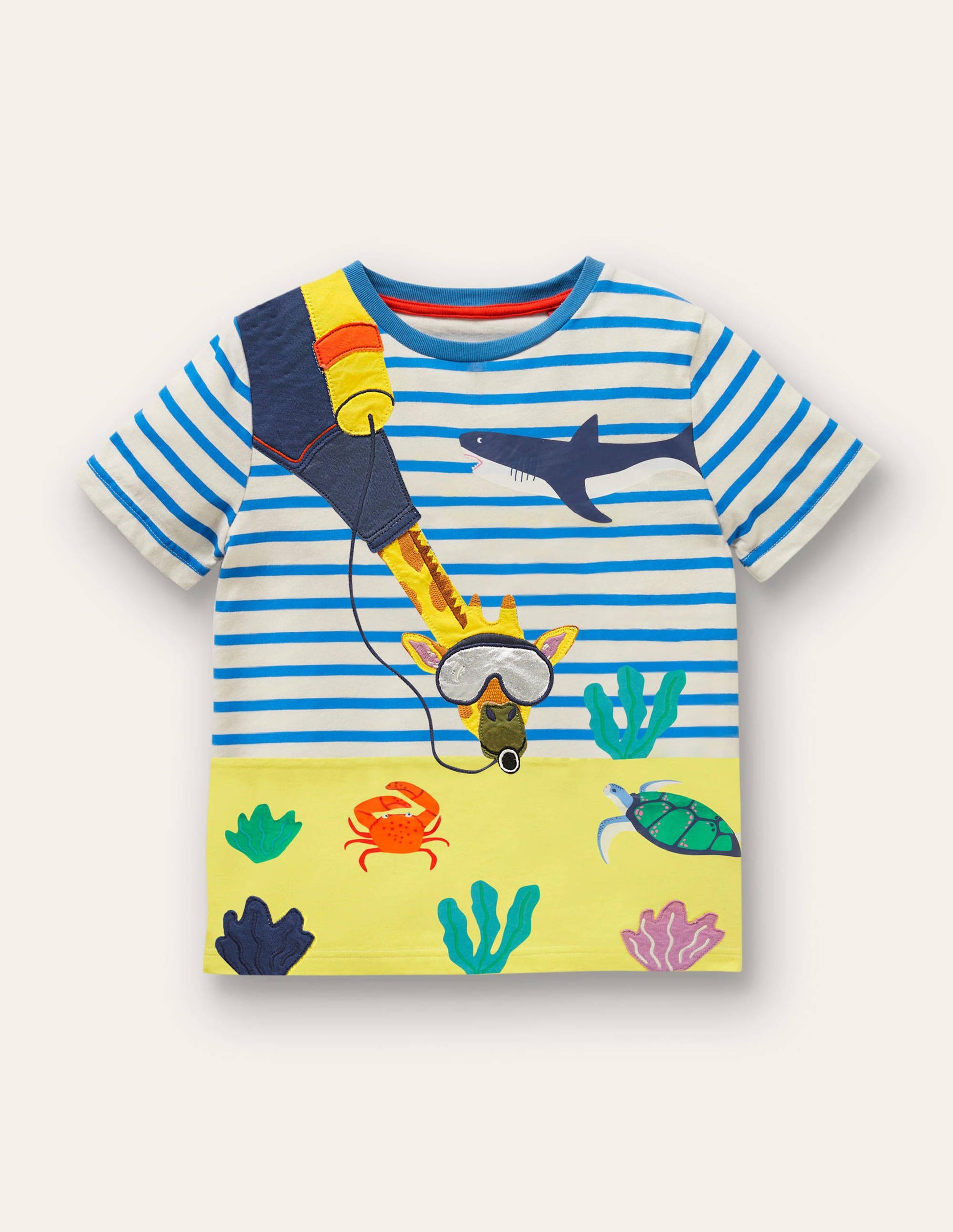 Gestreiftes T-Shirt mit Tierapplikation-Naturweiß/Marokkoblau, Giraffe-1