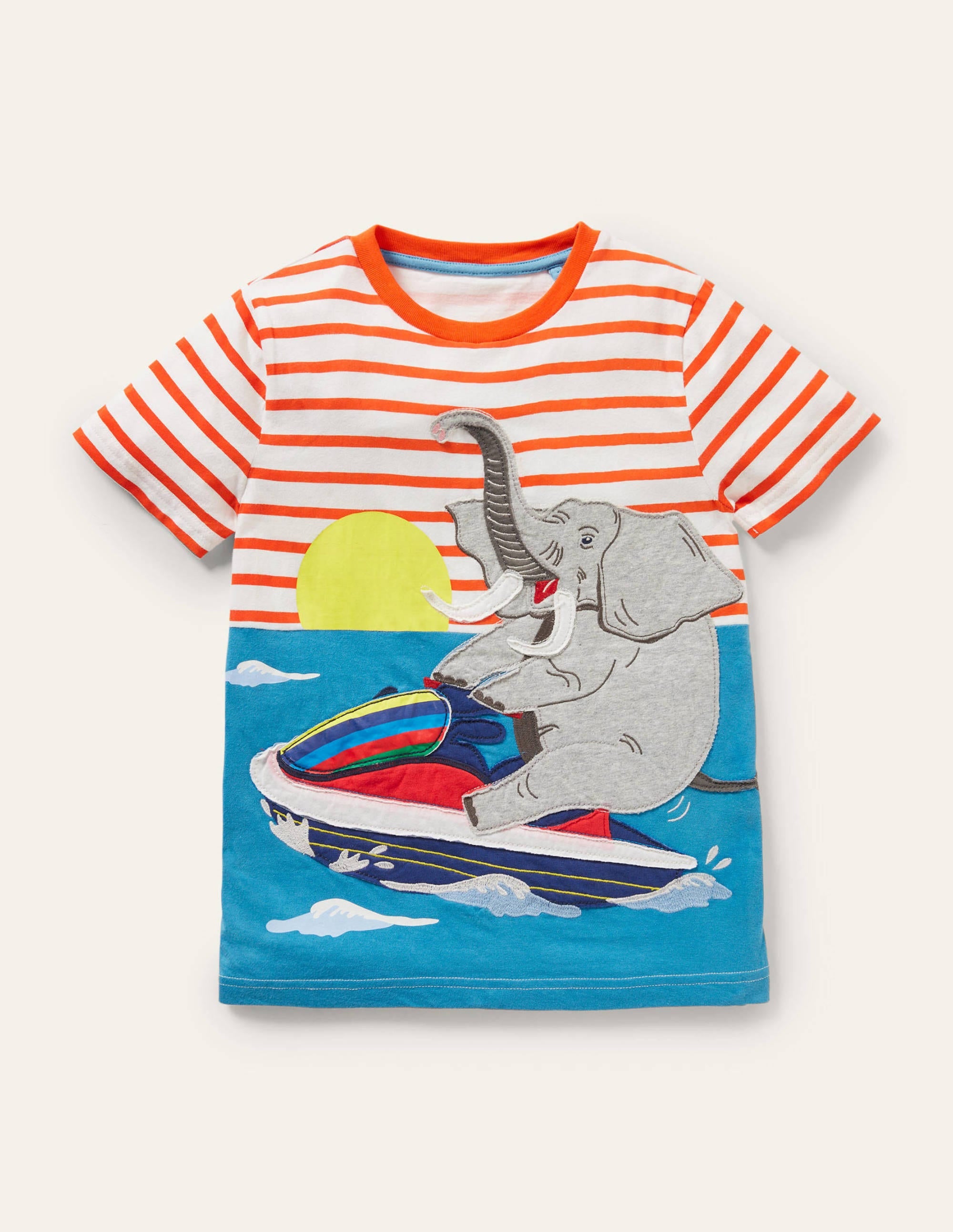 T-shirt rayé à appliqué animal-Éléphant ivoire/orange mandarine - Image 1