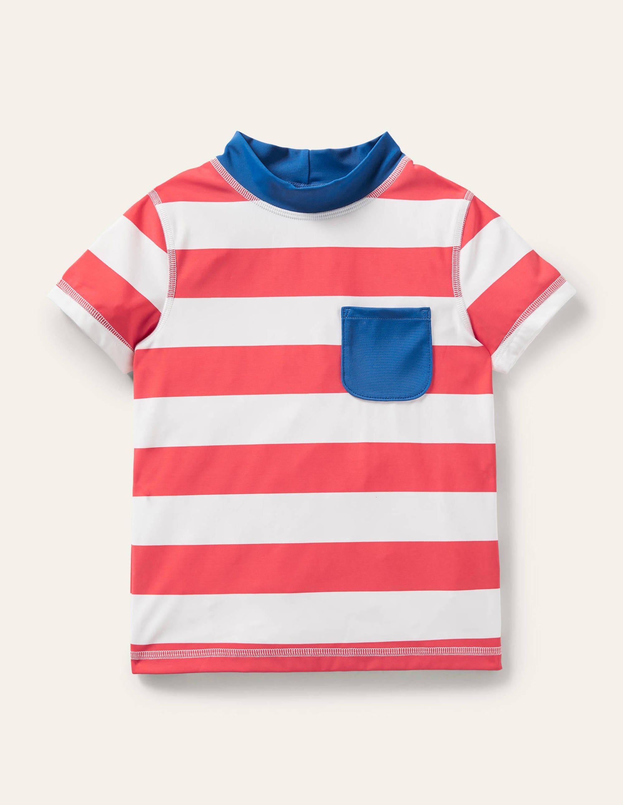 Badeshirt mit kurzen Ärmeln-Marmeladenrot/Naturweiß, Gestreift - Image 1