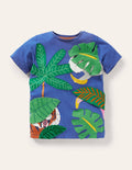 T-Shirt mit tierischem Aufklappmotiv-Glockenblumenblau, Vorwitzige Dschungelbewohner