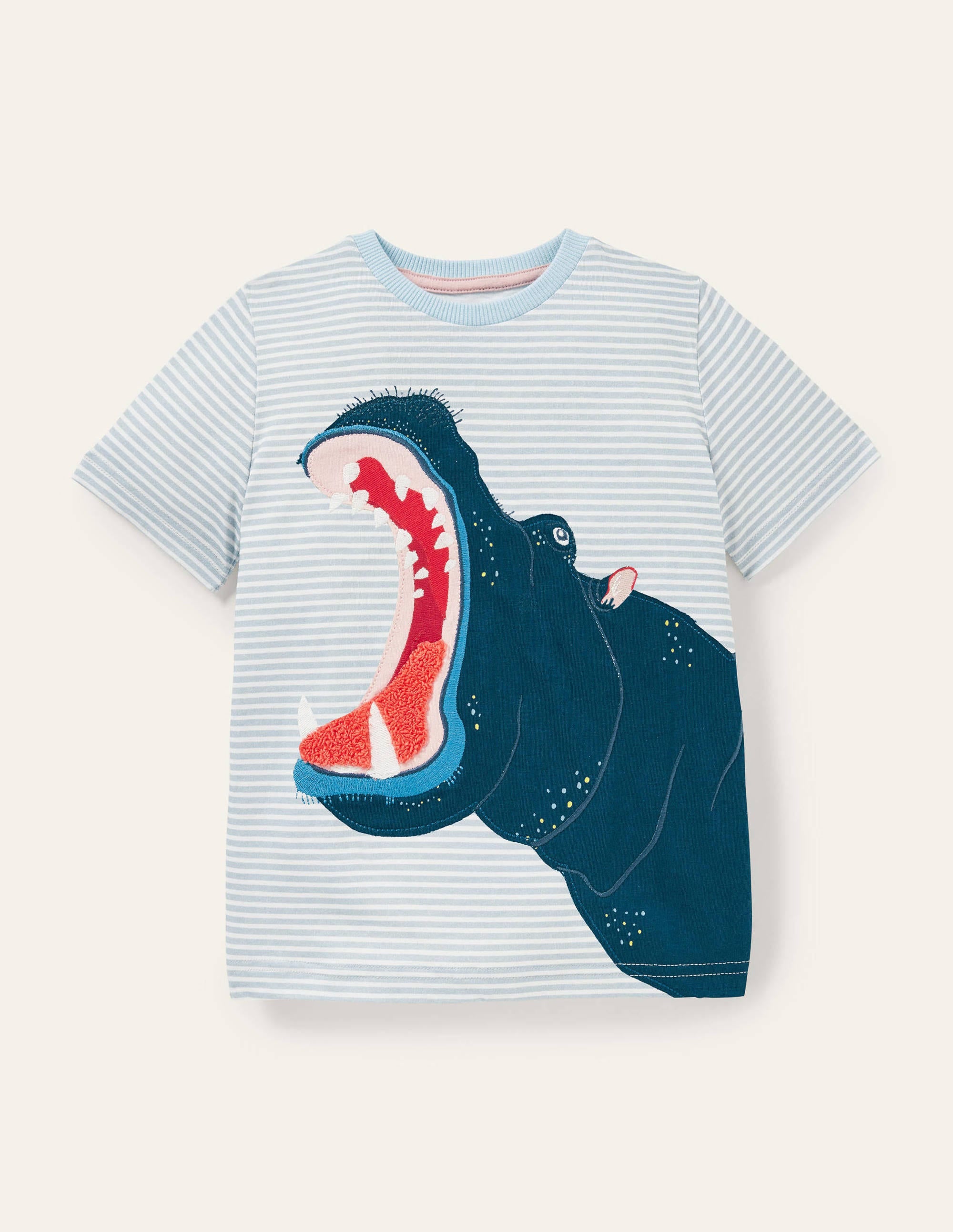 T-shirt rayé à appliqué animal-Hippopotame bleu littoral - Image 1