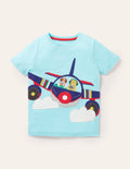 T-Shirt mit Applikationen auf Vorder- und Rückseite-Türkisblau, Flugzeug