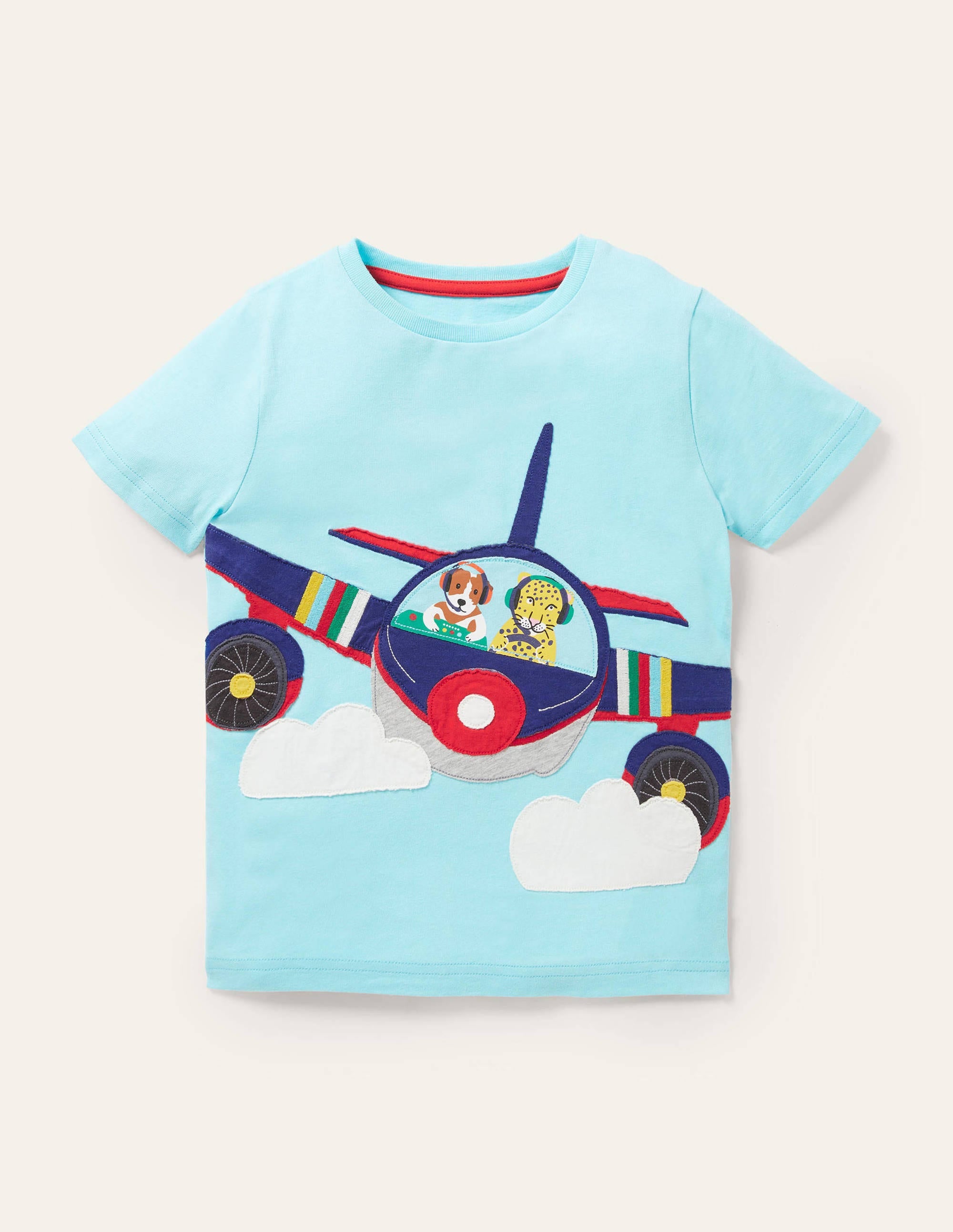 T-Shirt mit Applikationen auf Vorder- und Rückseite-Türkisblau, Flugzeug - Image 1
