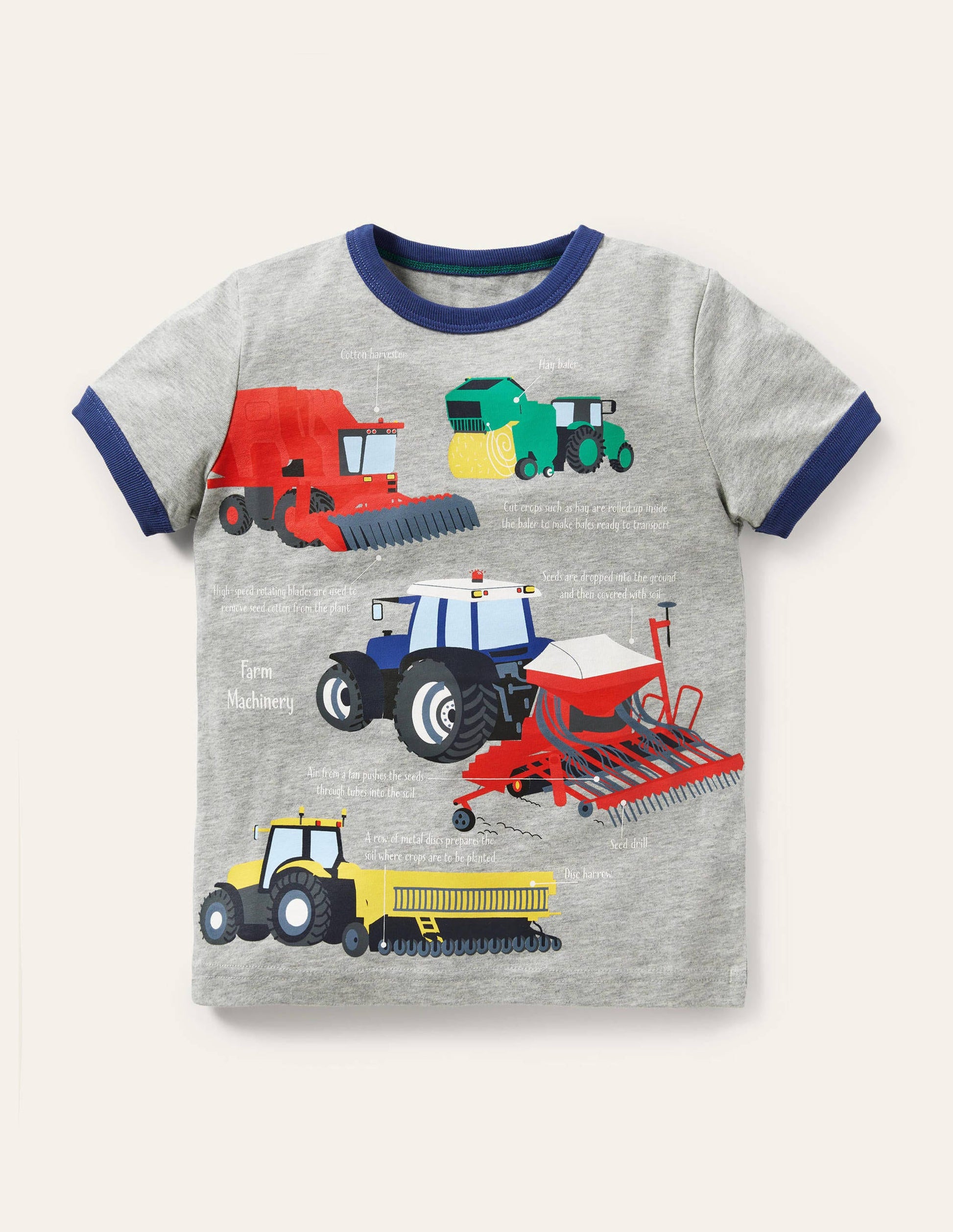 T-shirt à bordures contrastantes et imprimé-Pelleteuses gris chiné-1