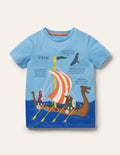 T-Shirt mit historischem Motiv-Surfbrett-Blau, Wikingerboot