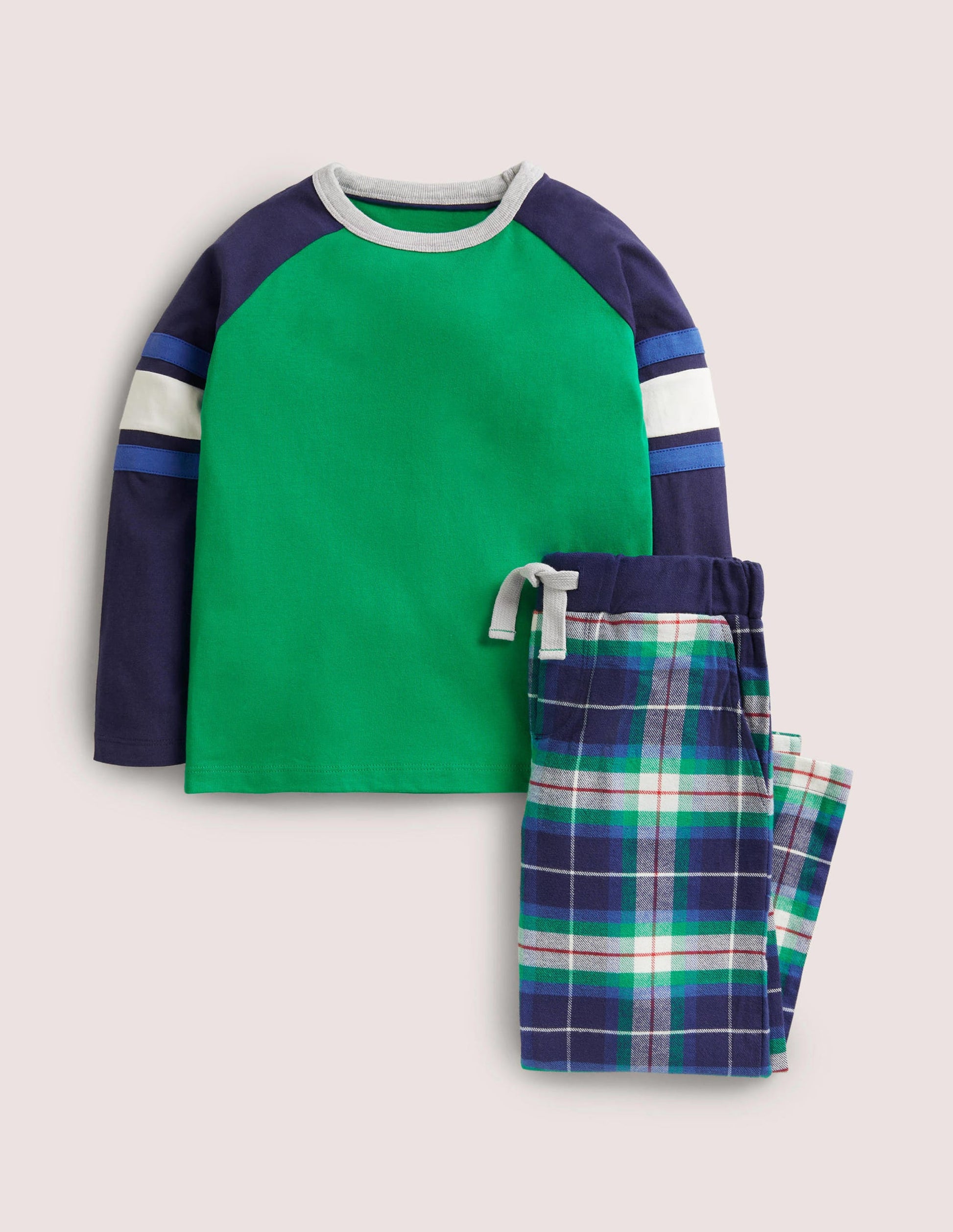 Gemütliches gebürstetes Schlafanzug-Set-Schuluniform-Navy/Grün, Kariert-1