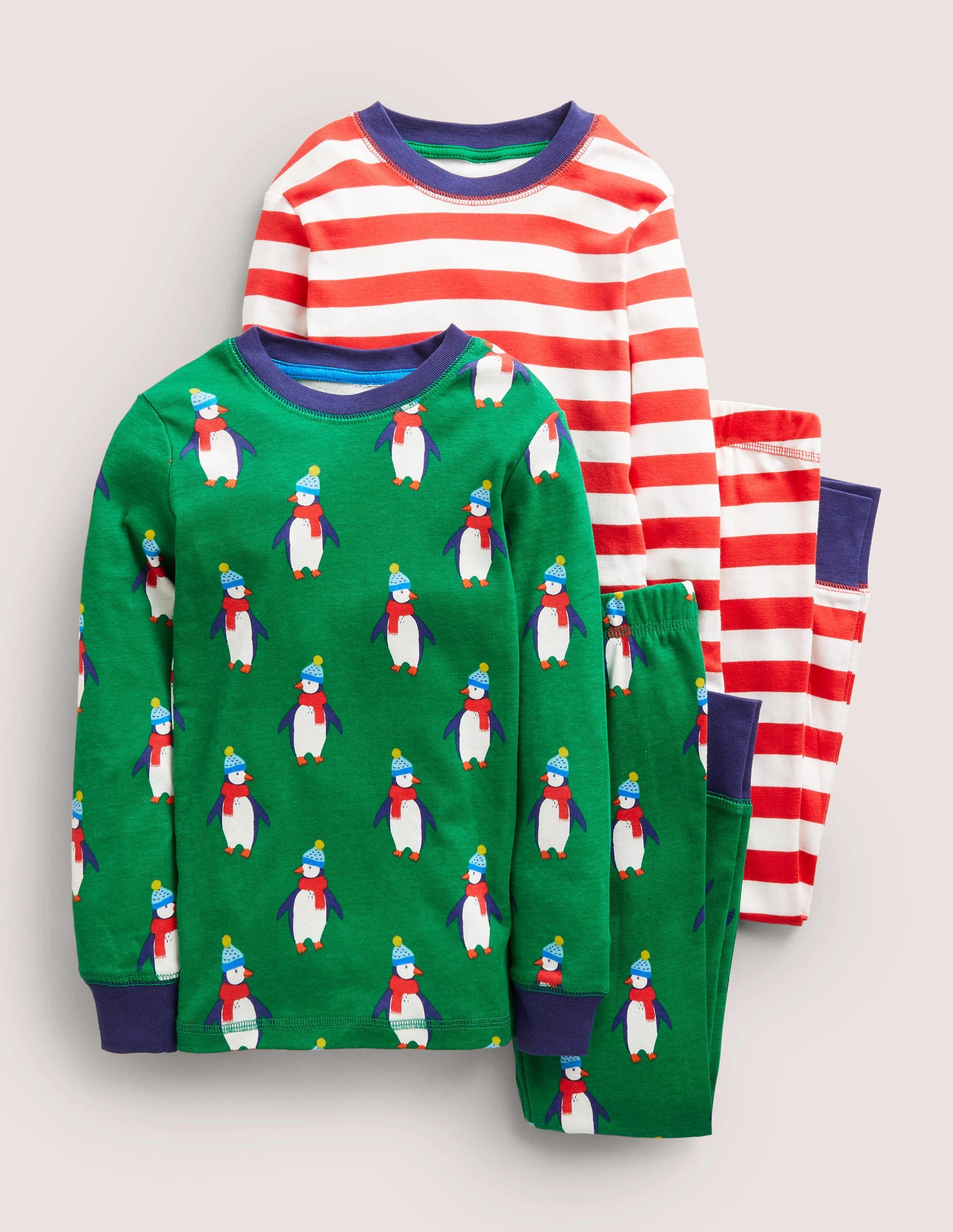 Langer Schlafanzug mit anliegender Passform im 2er-Pack-Schottengrün, Pinguine - Image 1