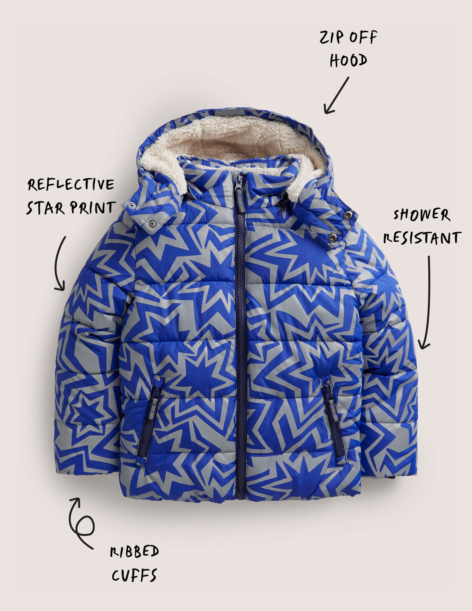 Wasserabweisende wattierte Jacke-Blau, Reflektierende Sterne-5